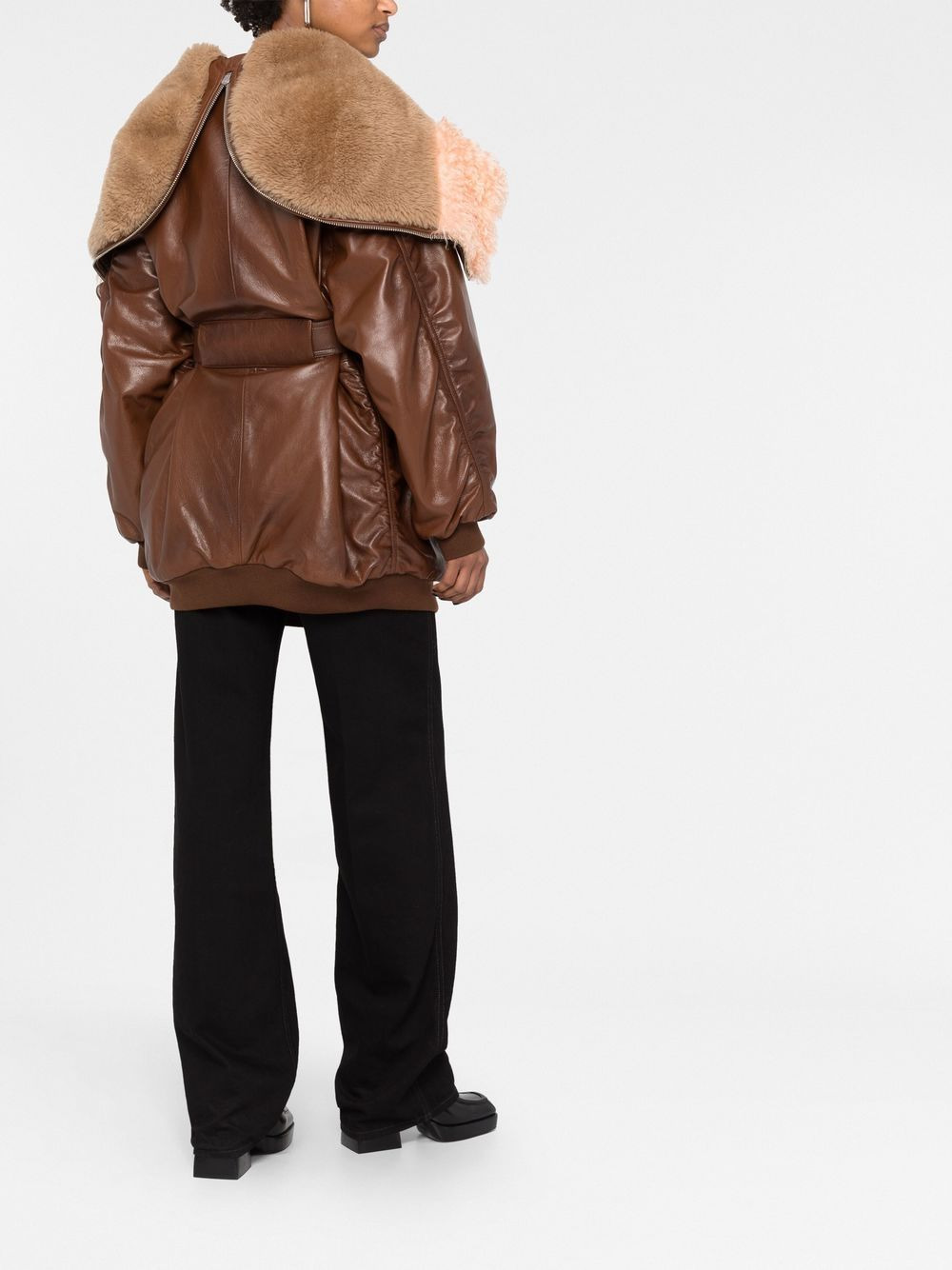 shearling-trim zip-up leather jacket - 4