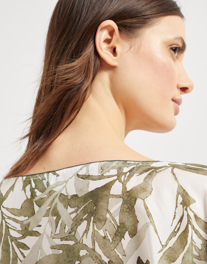 Silk herbarium print pongee top with monili 3
