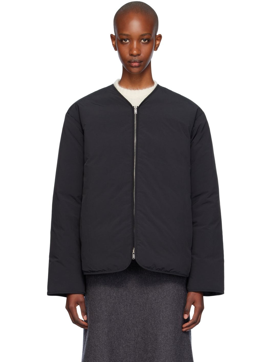 Black Y-Neck Down Jacket - 1