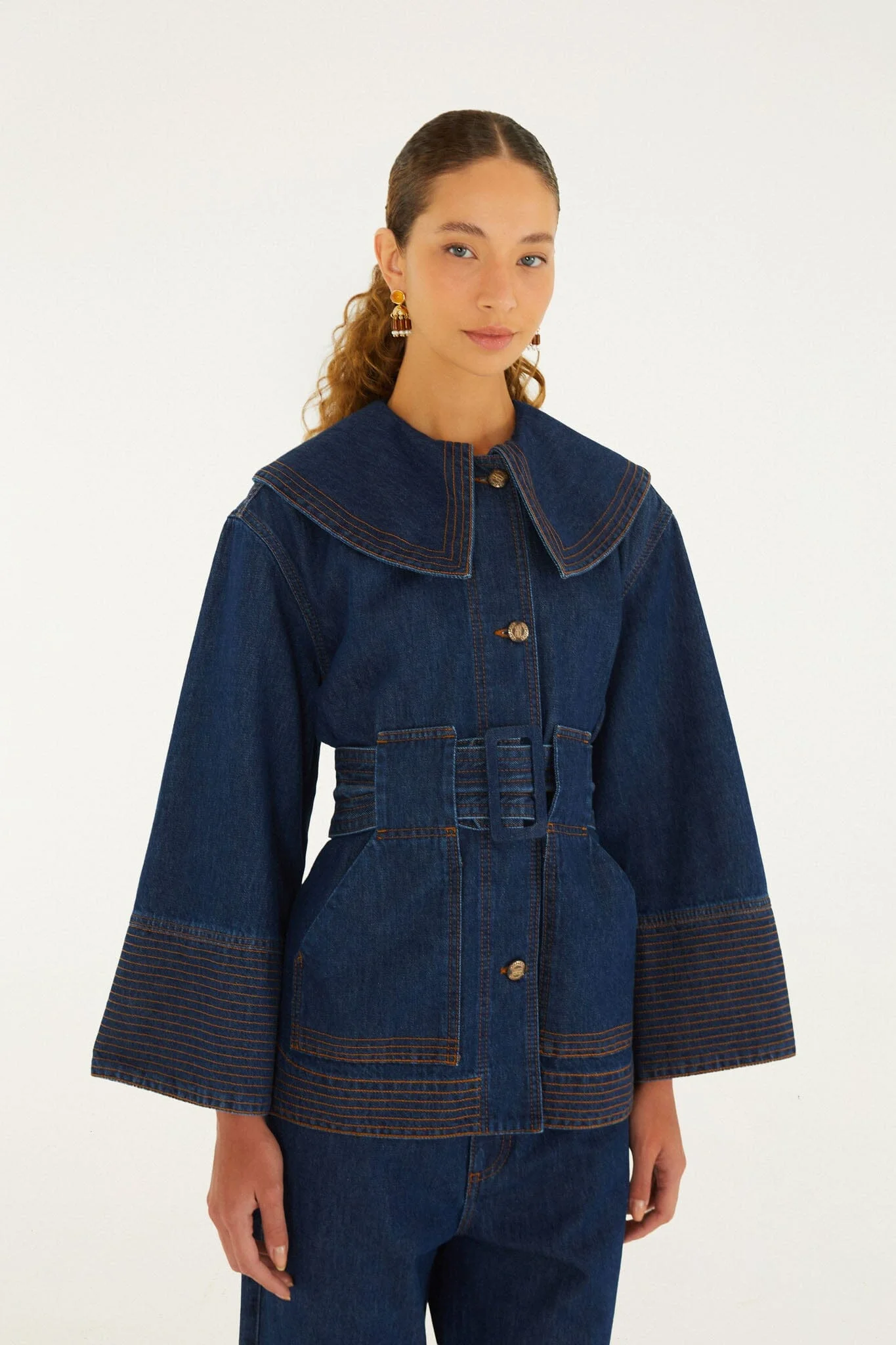 Lapel Belted Denim Trench Coat - 1