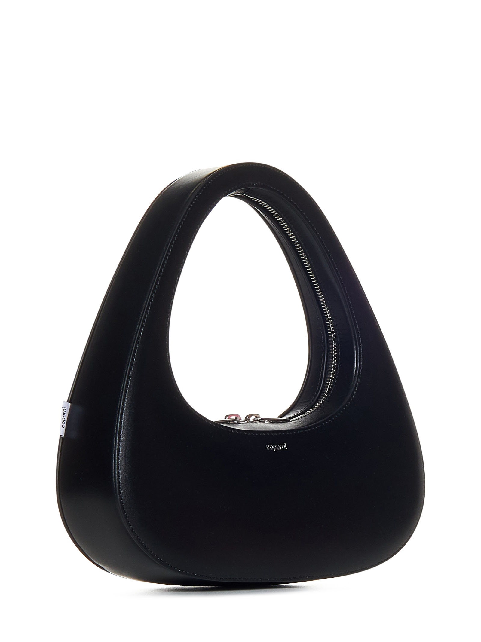 Black calfskin curved triangular baguette bag with silver-foil print logo at front. - 2