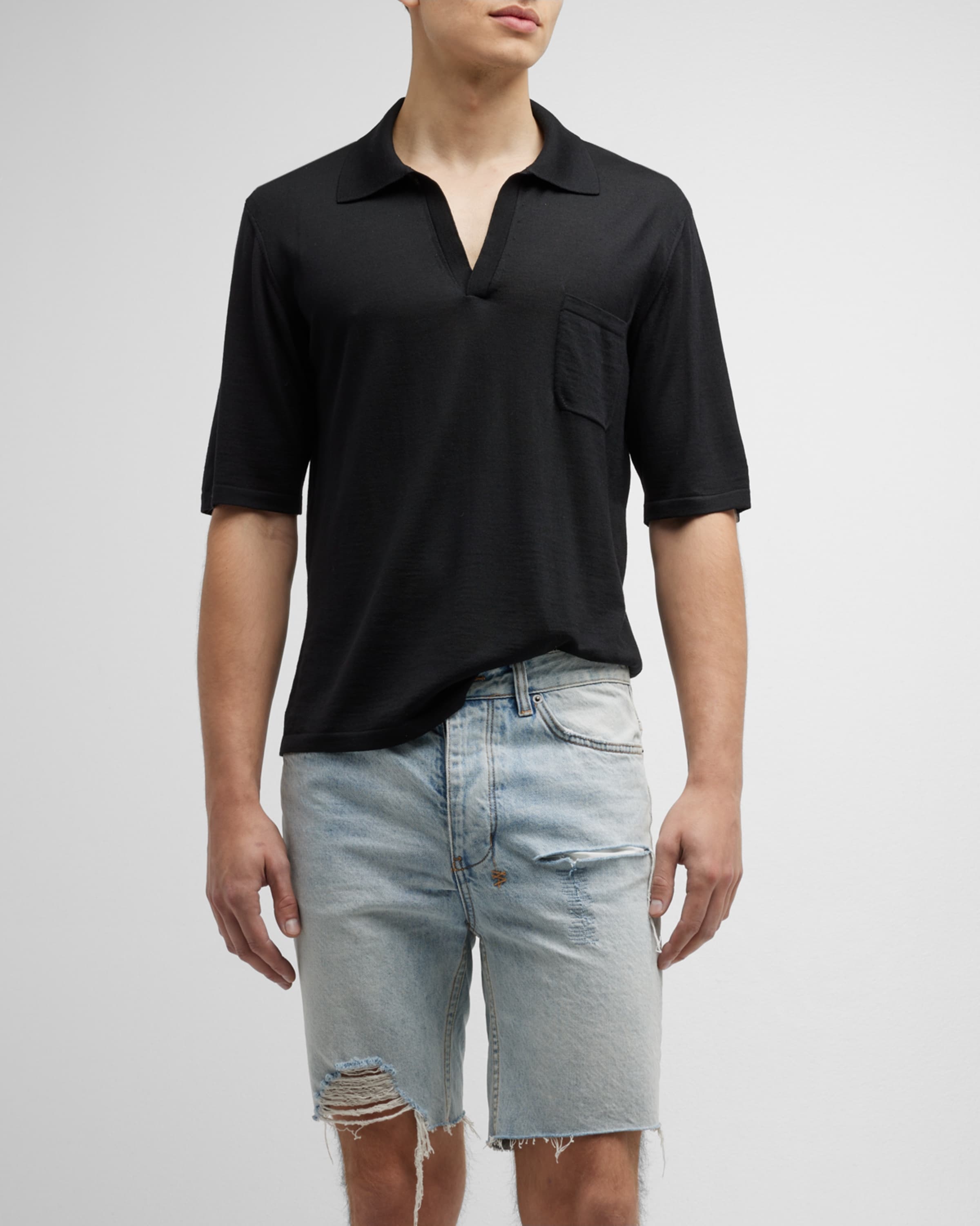 Men's Knit Polo Shirt with Open Collar - 2