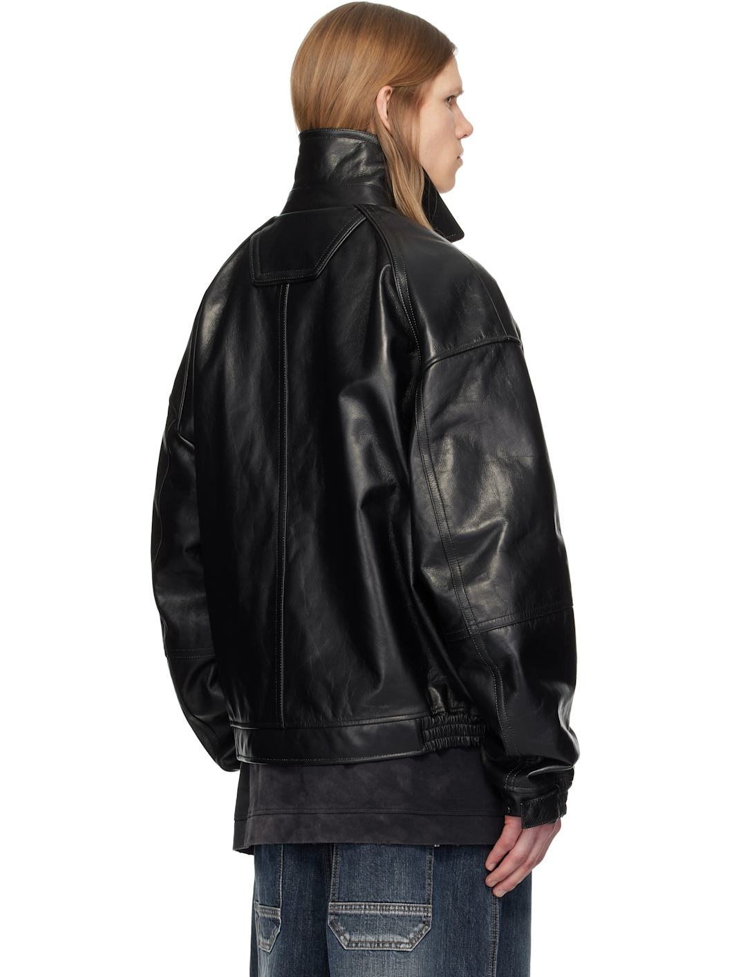 Juun. J Black Stand Collar Leather Aviator Jacket - 3