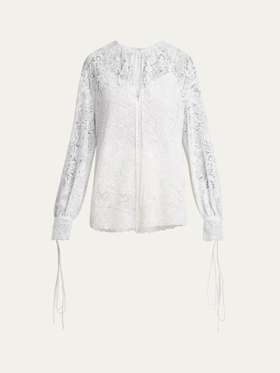 Floral Lace Drawstring Blouse - 1