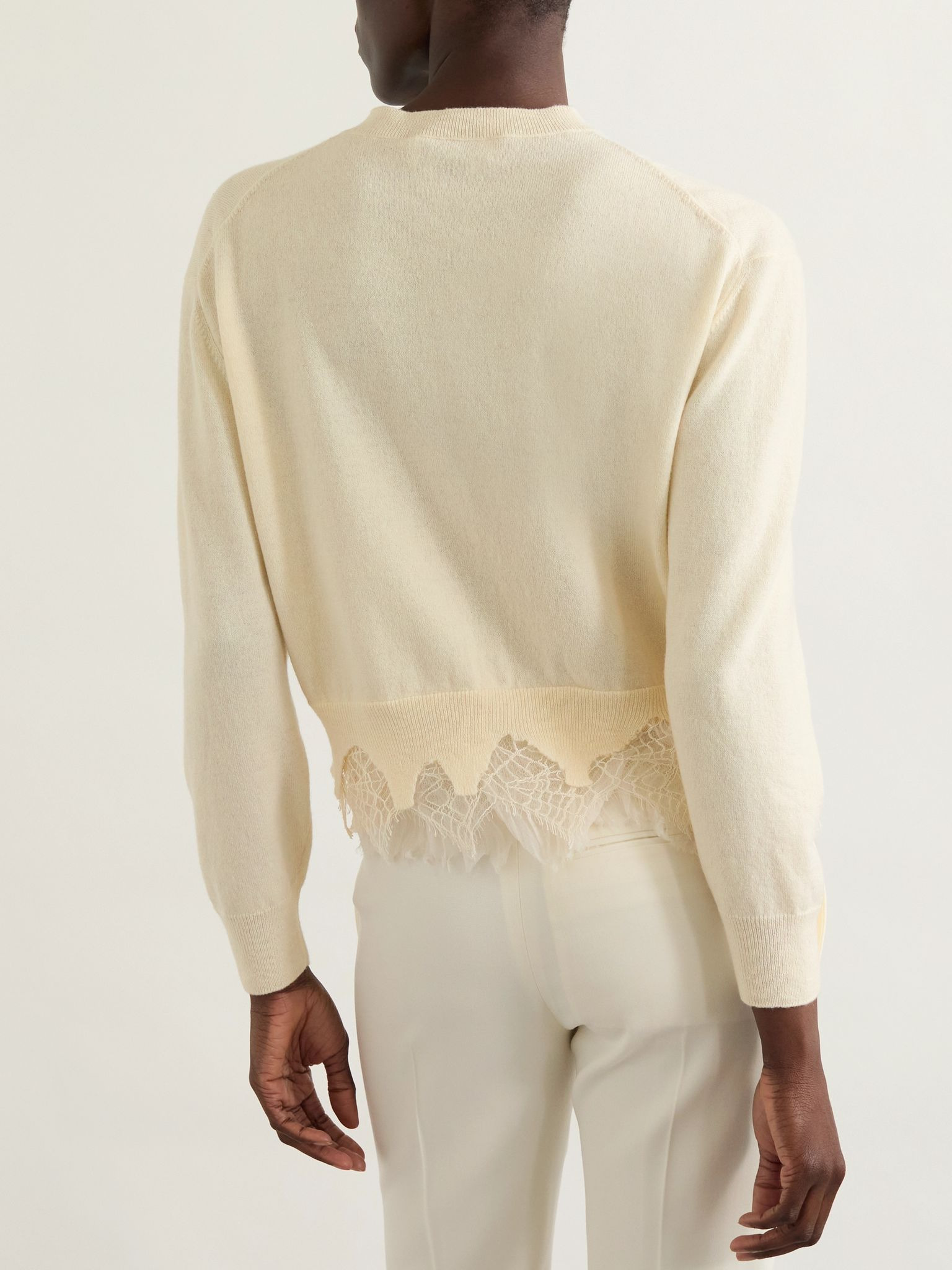 Lace-trimmed distressed wool and cashmere-blend cardigan Ivory - 3