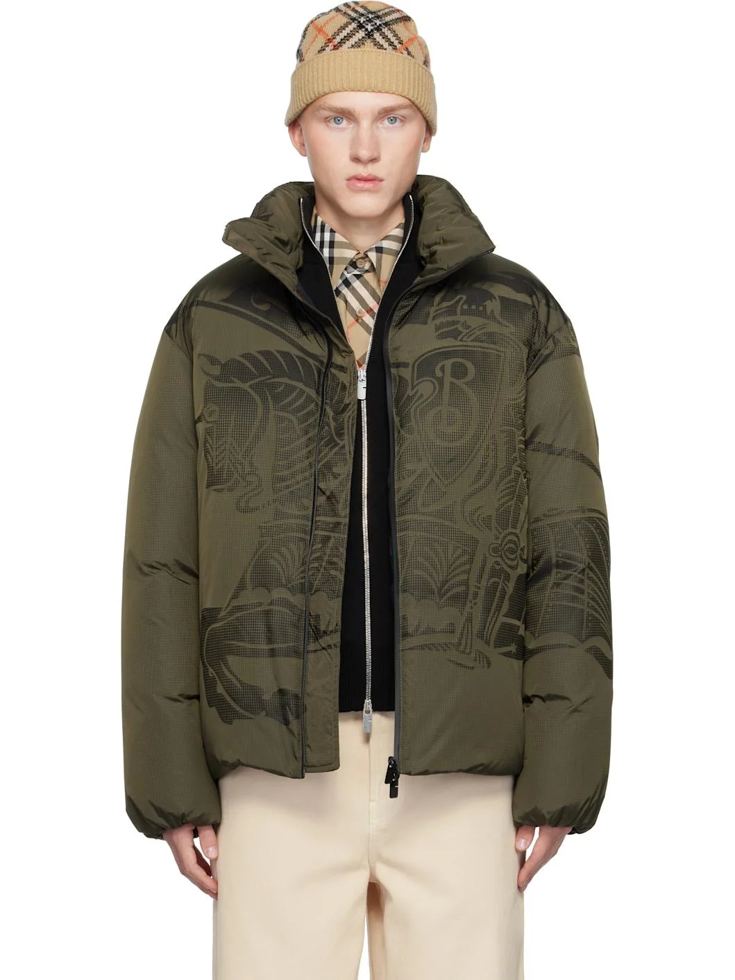 Khaki EKD Nylon Puffer Down Jacket - 1