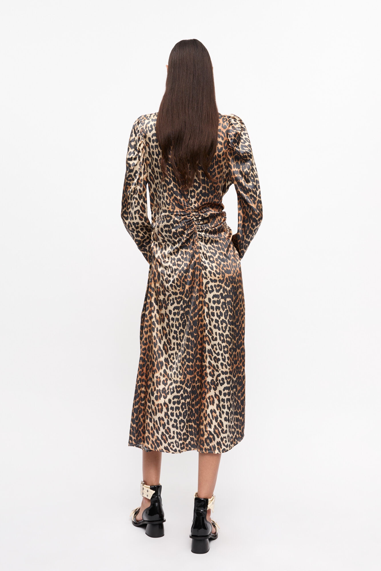 LEOPARD PRINT SATIN RUCHED MIDI DRESS - 4