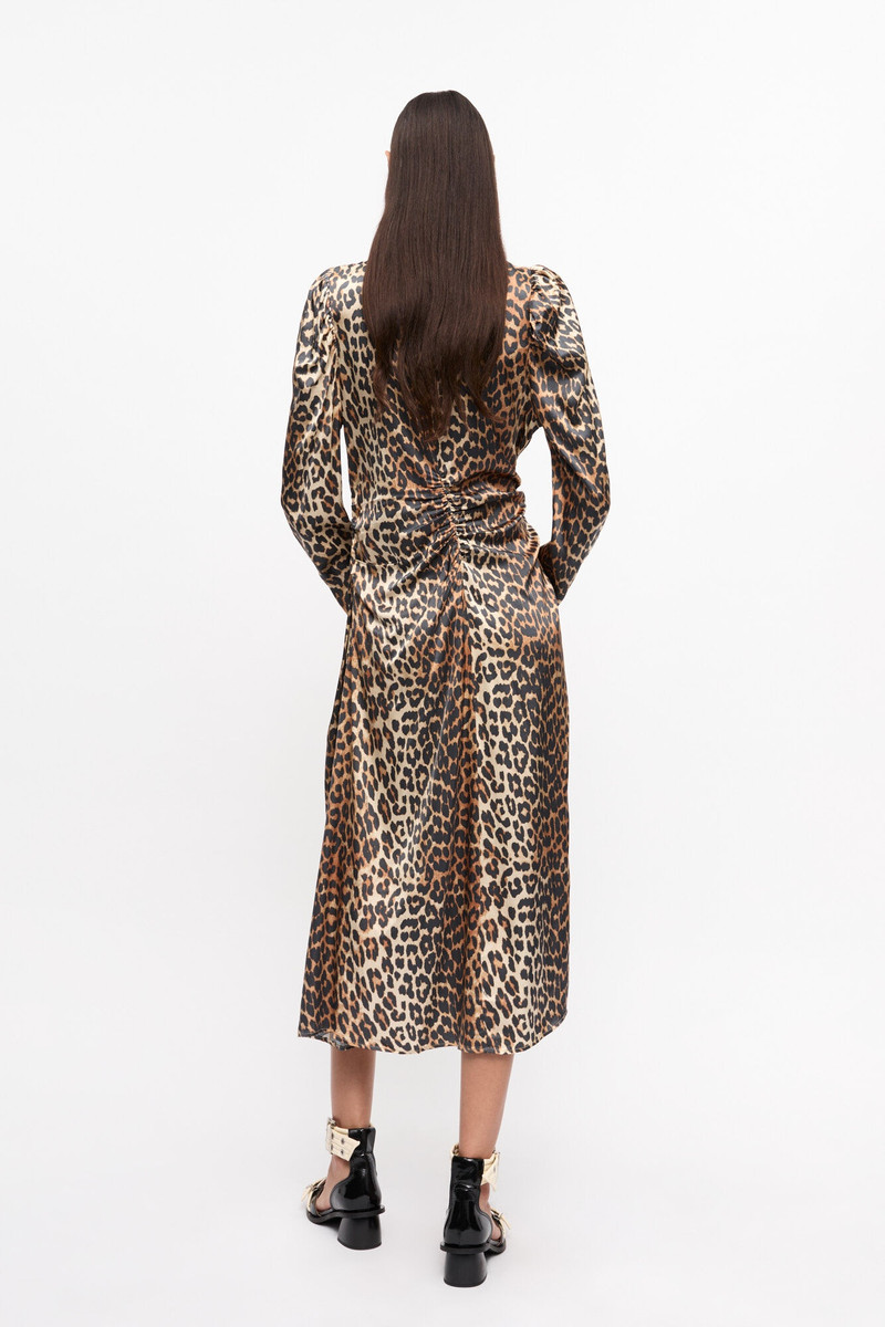 LEOPARD PRINT SATIN RUCHED MIDI DRESS 4