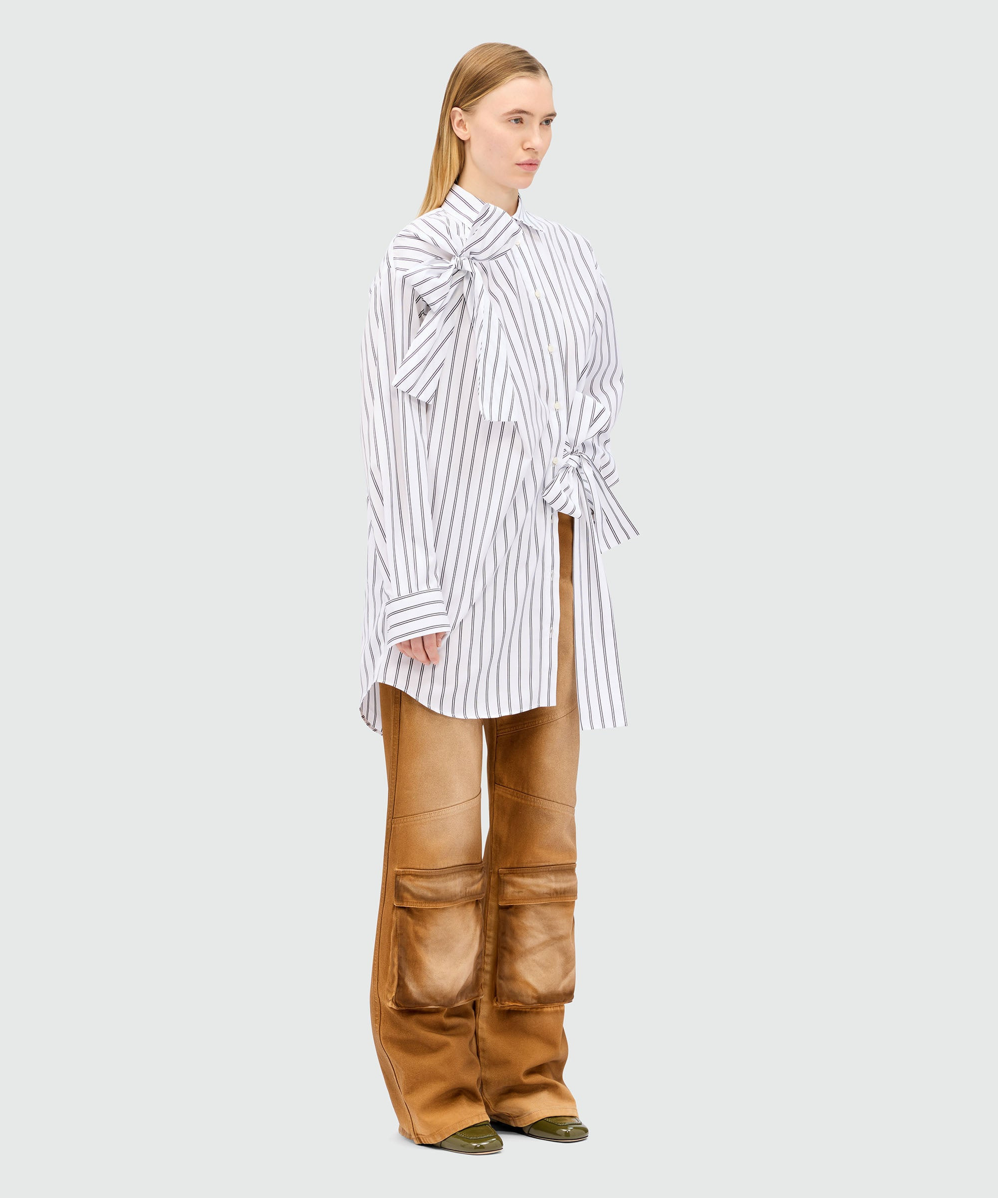 White striped poplin shirt dress with bow detail - 4