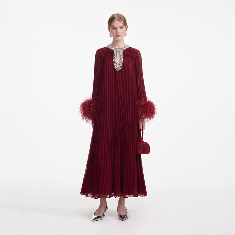 Burgundy Chiffon Feather Midi Dress - 1