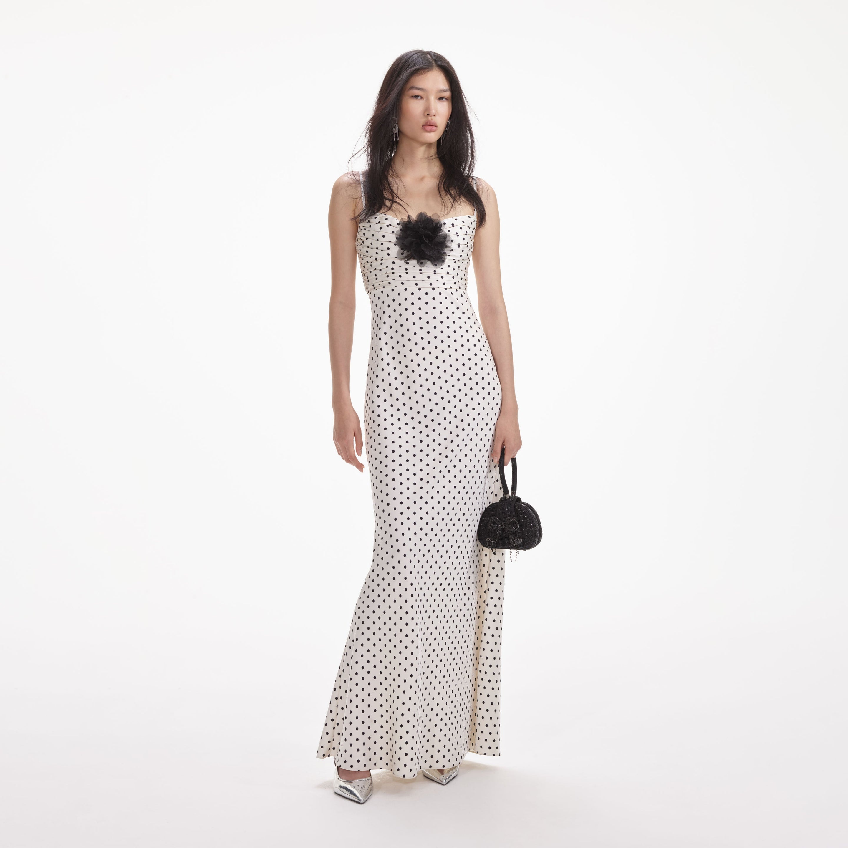 Cream Polka Dot Satin Maxi Dress - 1