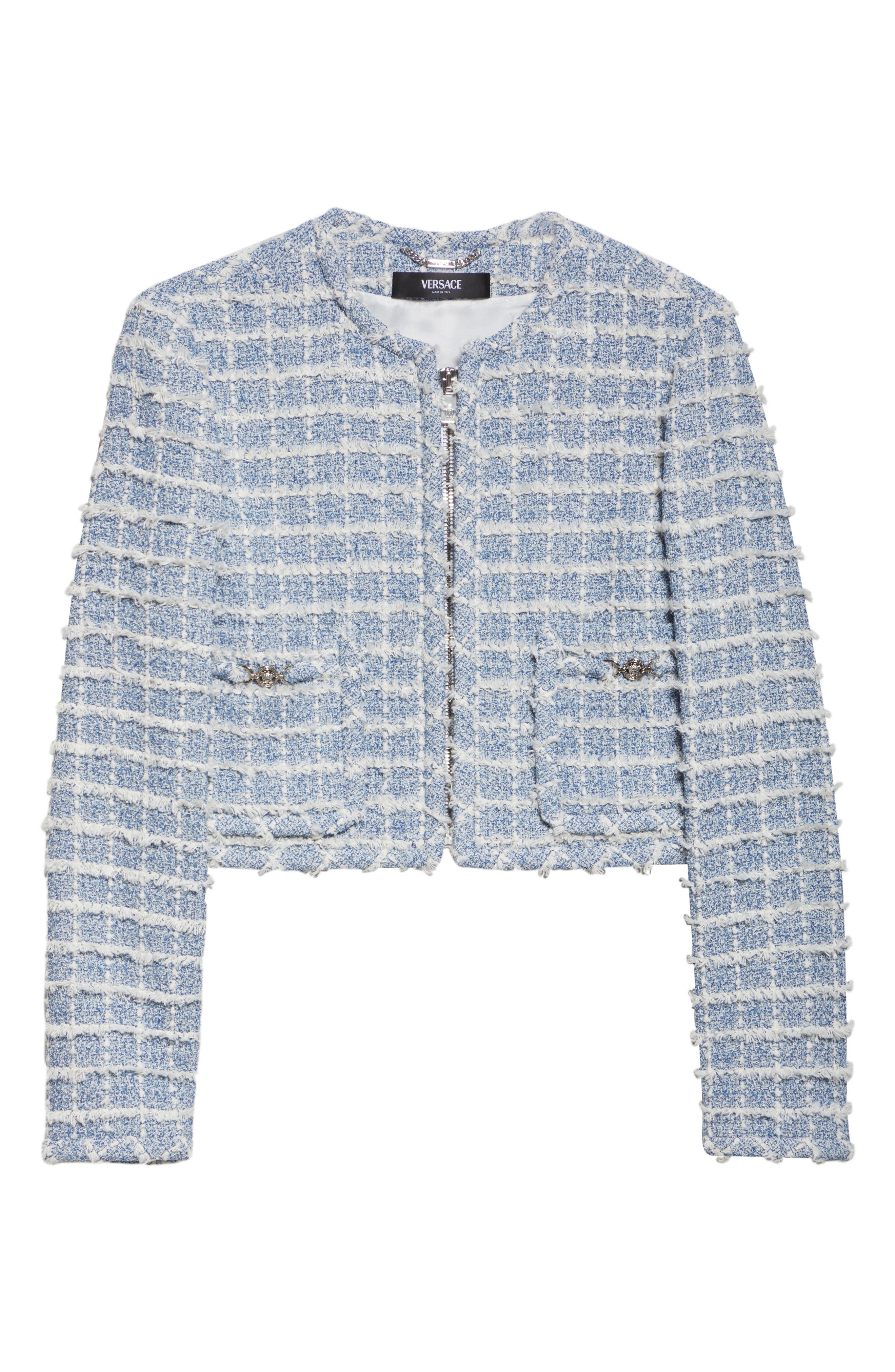 Versace Medusa '95 Windowpane Tweed Crop Jacket in Light Indigo at Nordstrom - 7
