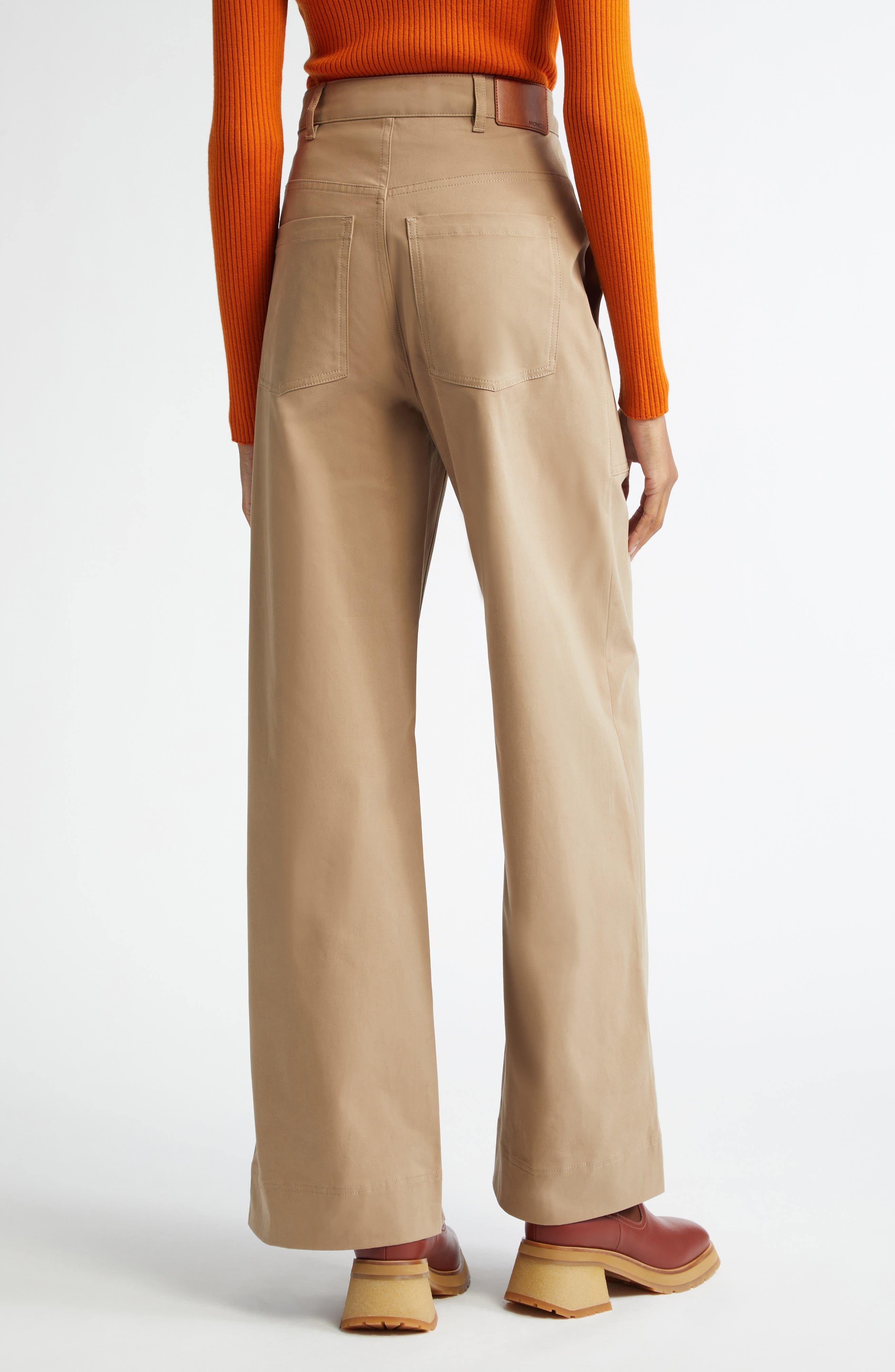 Moncler Cotton Stretch Gabardine Wide Leg Pants in Beige at Nordstrom - 3