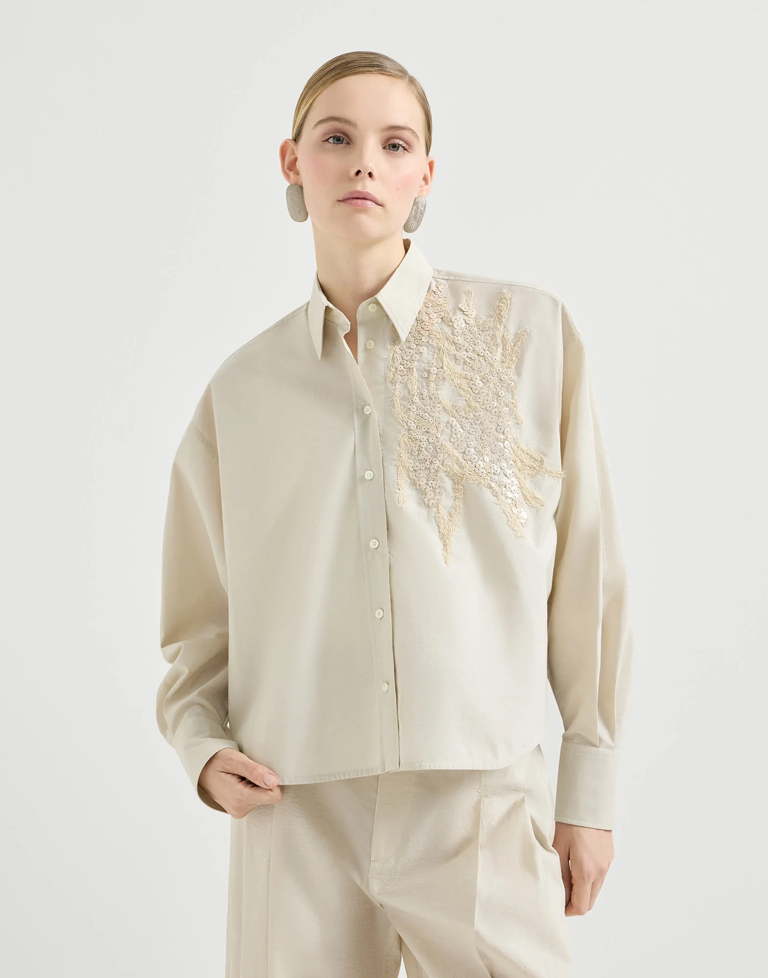 Techno cotton poplin shirt with dazzling seabed embroidery - 1