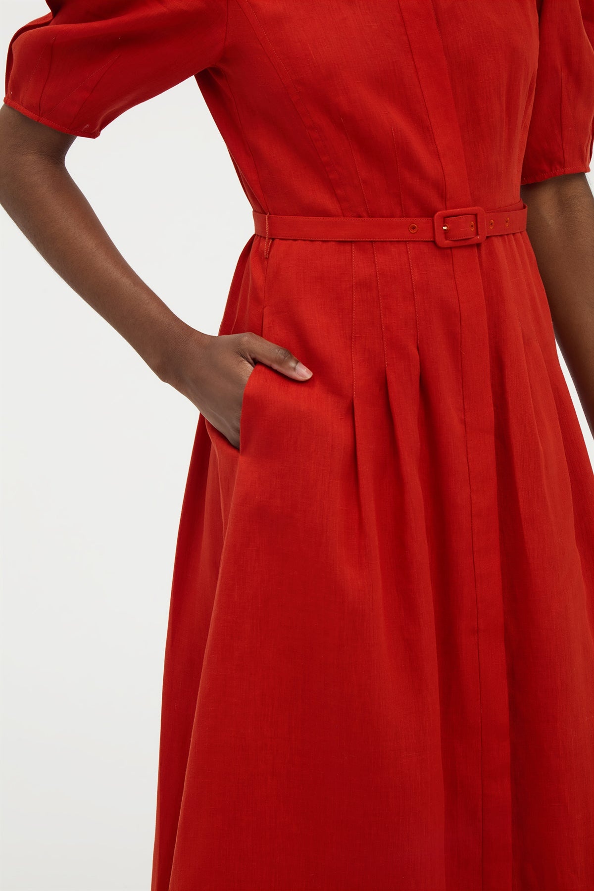 Maude Pleated Midi Shirtdress in Antelope Orange Aloe Linen - 6