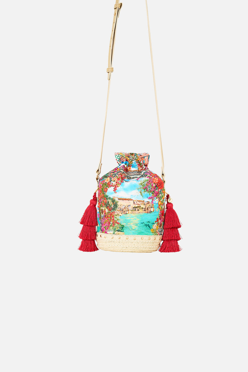 CAMILLA TIE TOP BUCKET BAG WITH TASSELS outlook