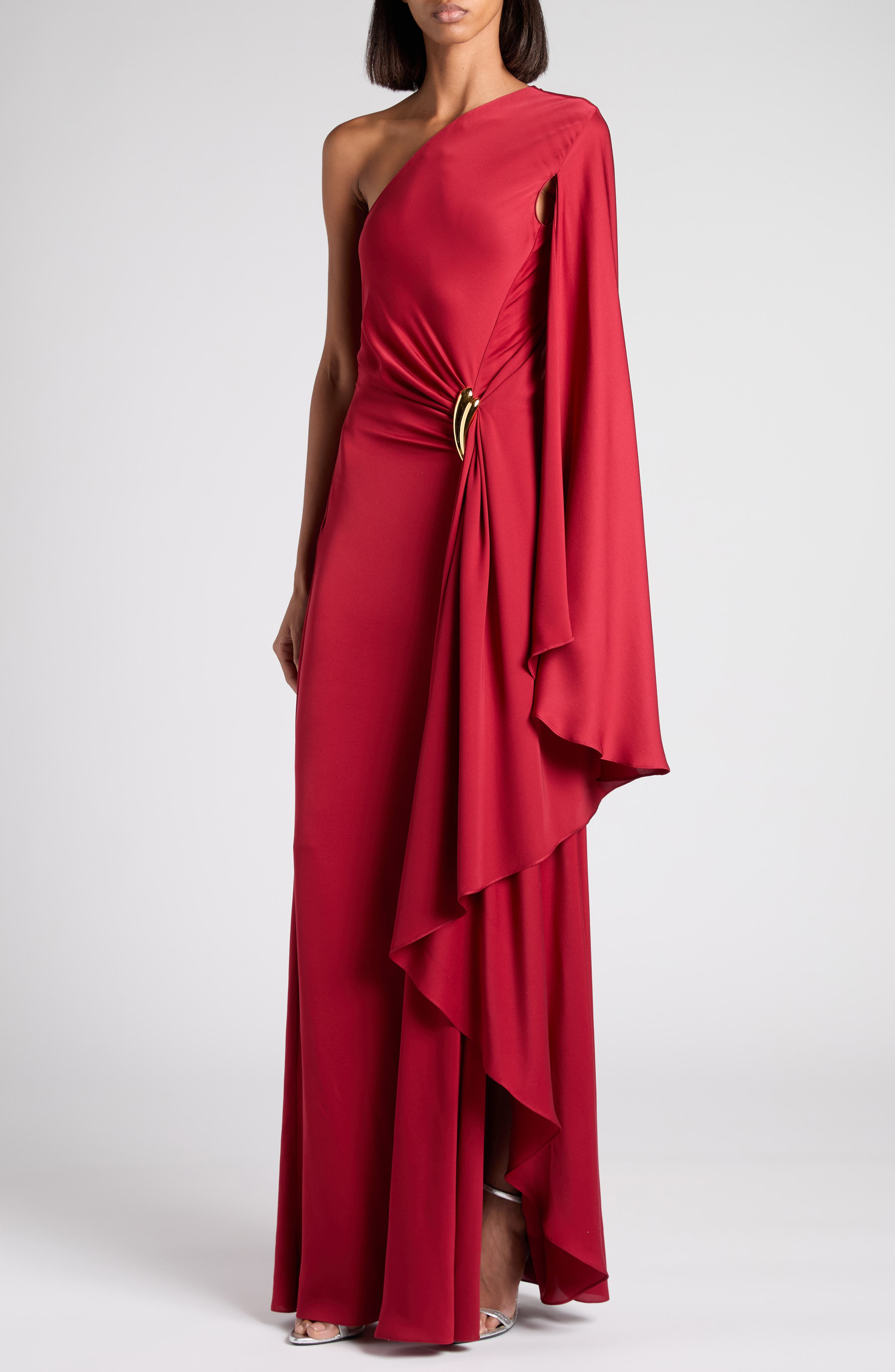TOM FORD One-Shoulder Belt Detail Silk Satin Gown in Er402 Crimson at Nordstrom - 4