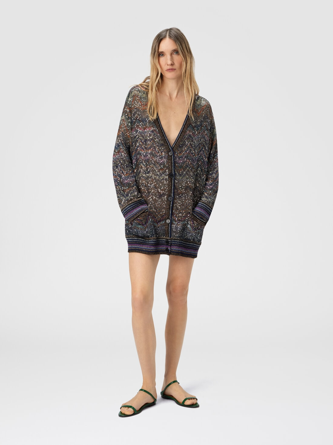 Oversized V-Neck Cardigan with Zigzag Pattern - 2