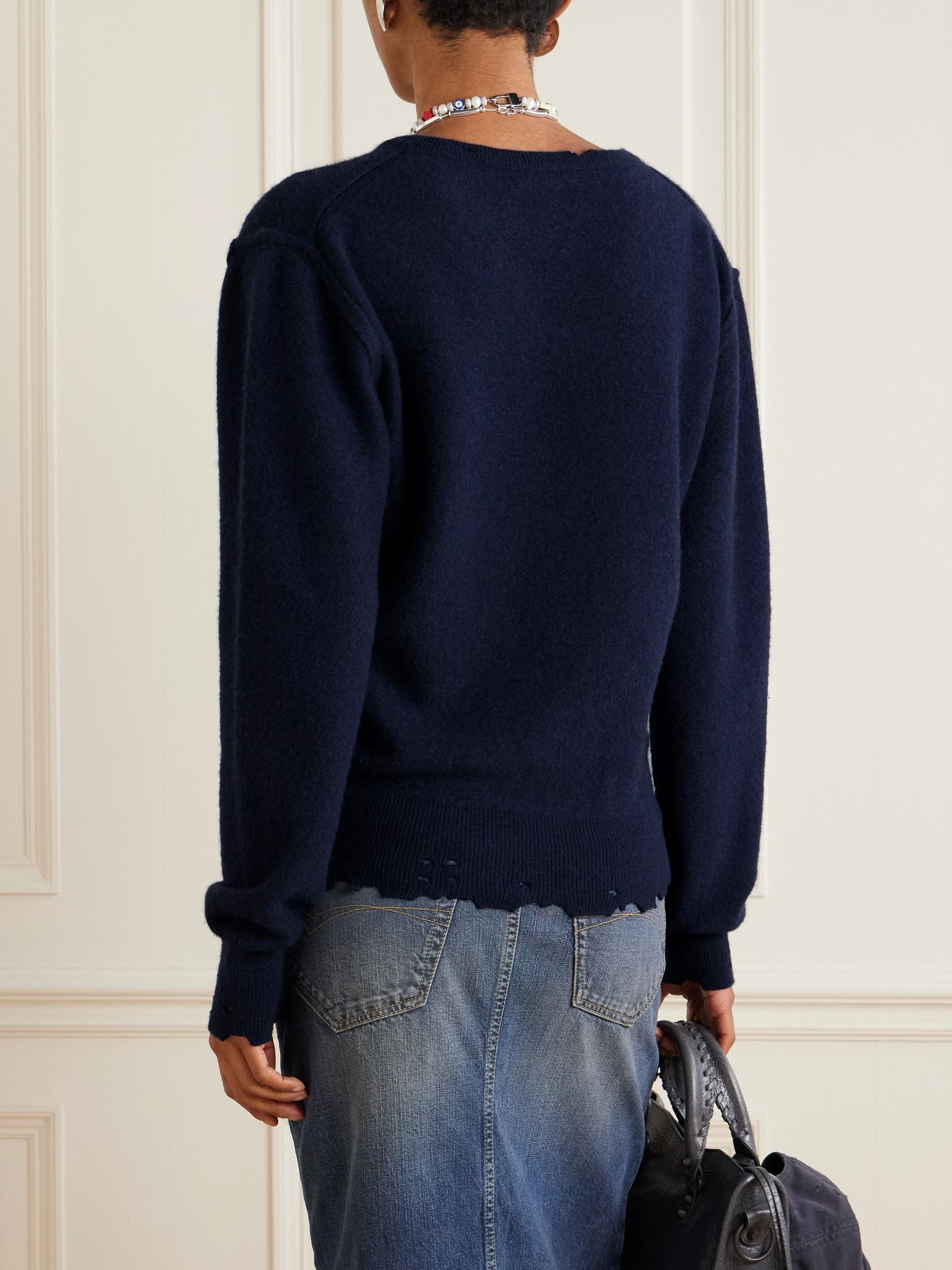 Embroidered cashmere and wool-blend sweater Navy - 3