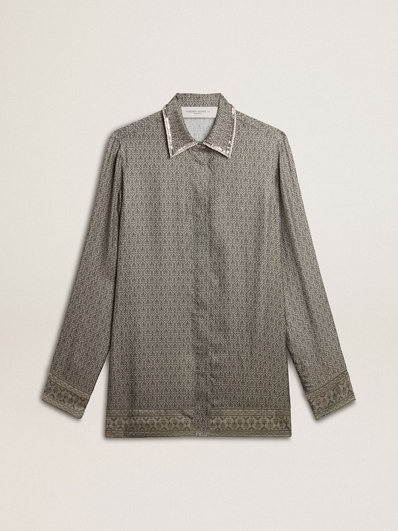 Women's green viscose-blend silk shirt with floral pattern 1