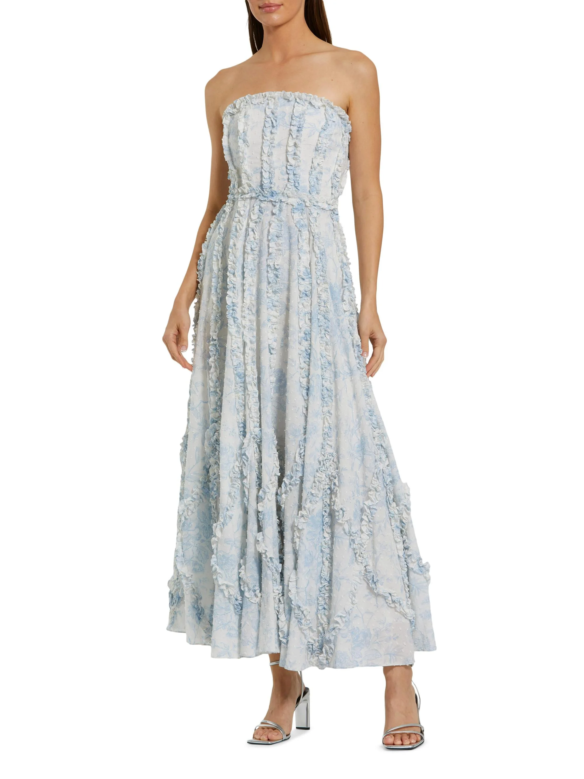 Women's Cocktail Floral Cotton Strapless Gown - Blue Multi - 1