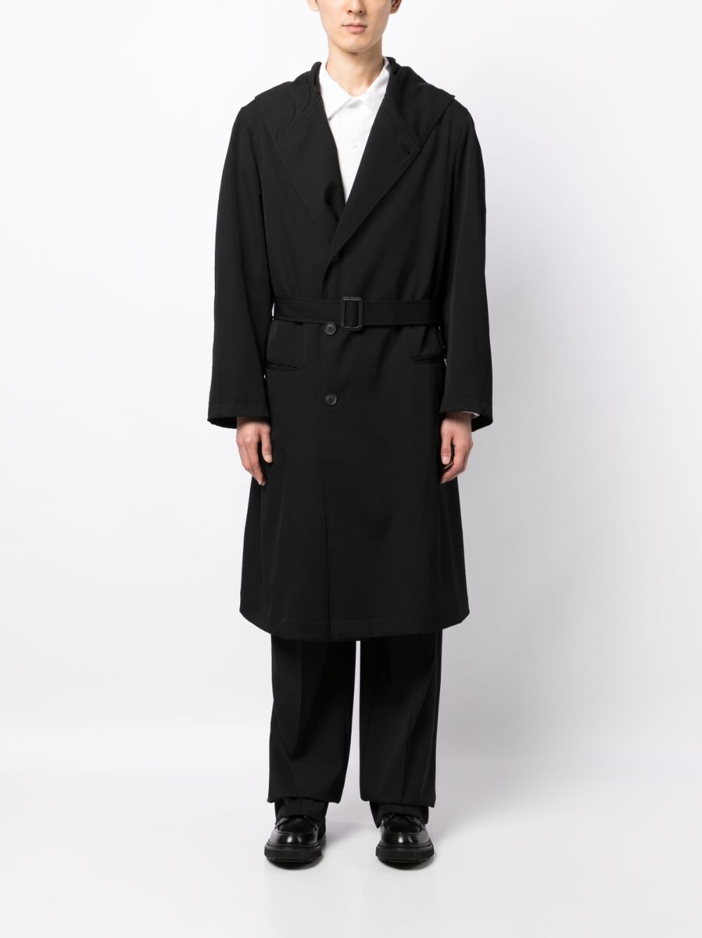 belted hooded wool trench coat - 2