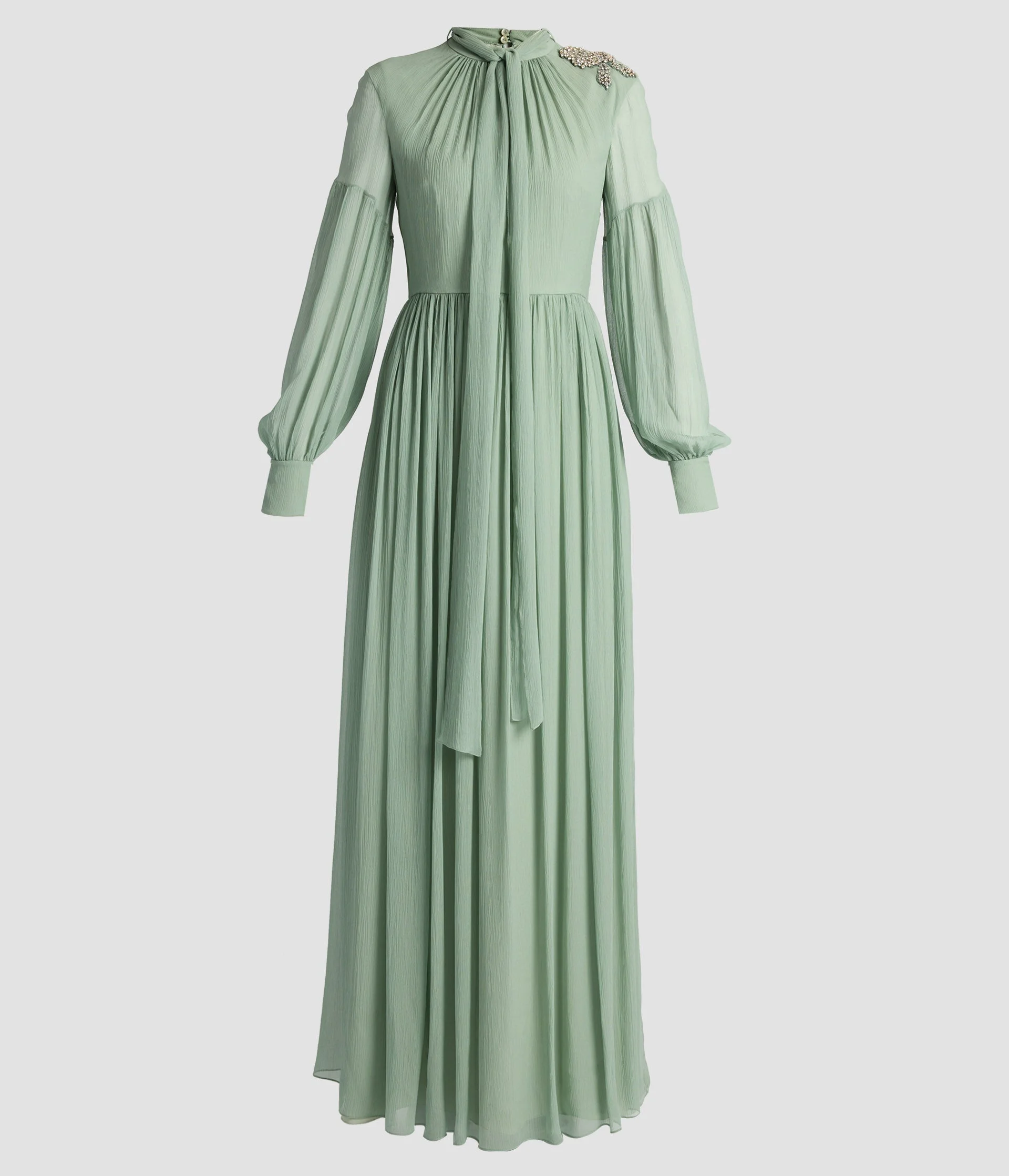 EMBELLISHED SILK CREPONNE LONG SLEEVE GOWN - 1