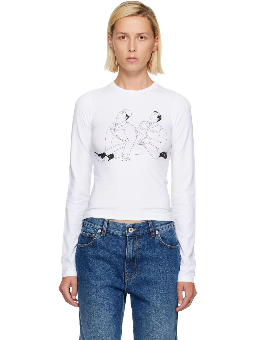White Stretch Cotton Jersey Long Sleeves Kamasutra T-shirt - 1
