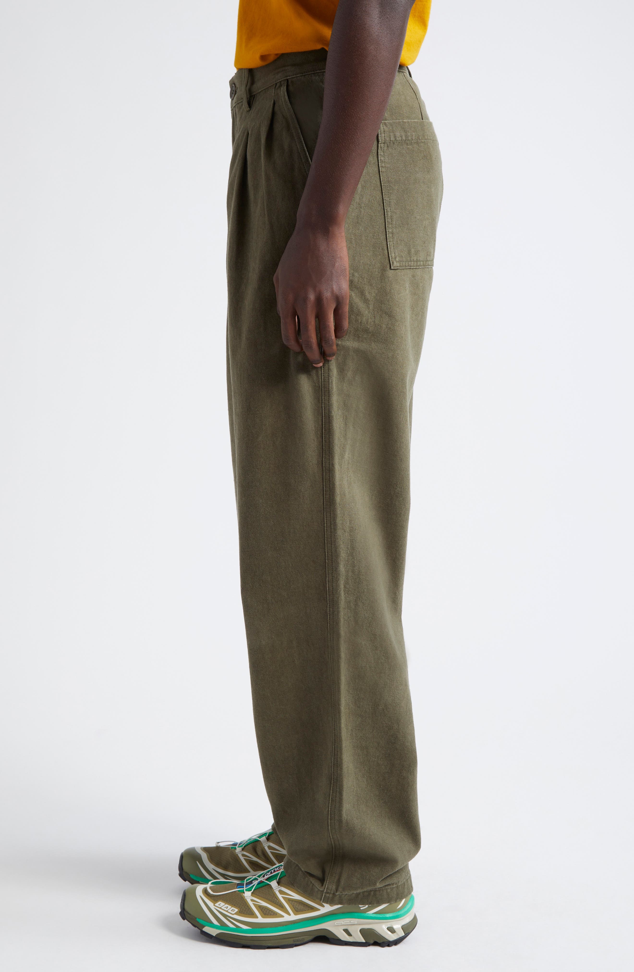 Noah Double Pleat Cotton Pants in Dark Olive at Nordstrom - 4