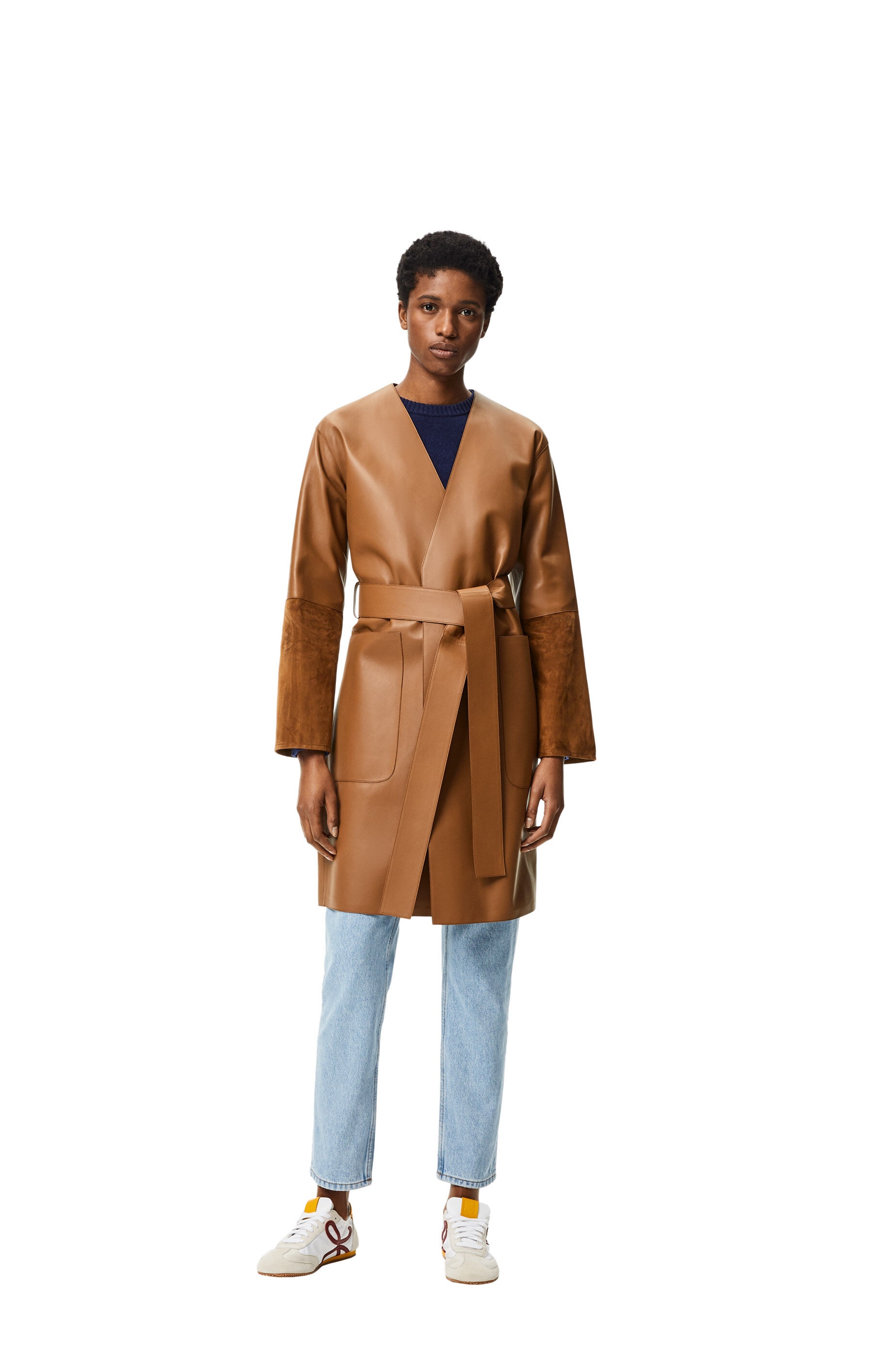 Collarless short belted coat in nappa and suede - 2