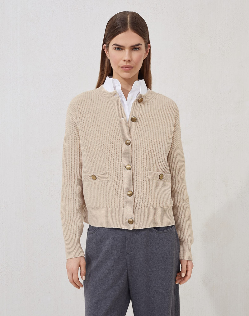 Virgin wool, cashmere and silk English rib cardigan with metal buttons 1