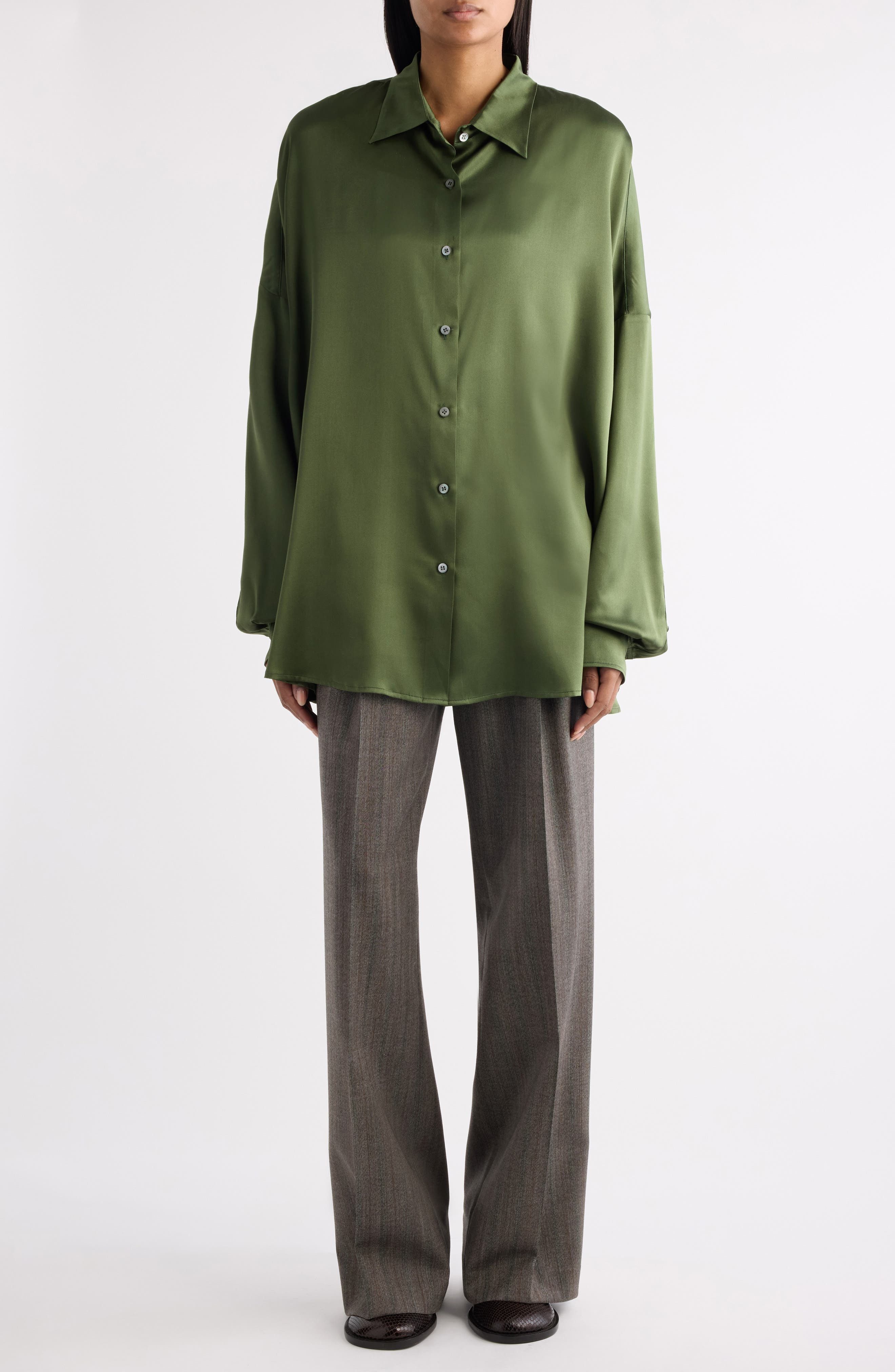Dries Van Noten Casia Stretch Silk Button-Up Shirt in Khaki at Nordstrom - 2
