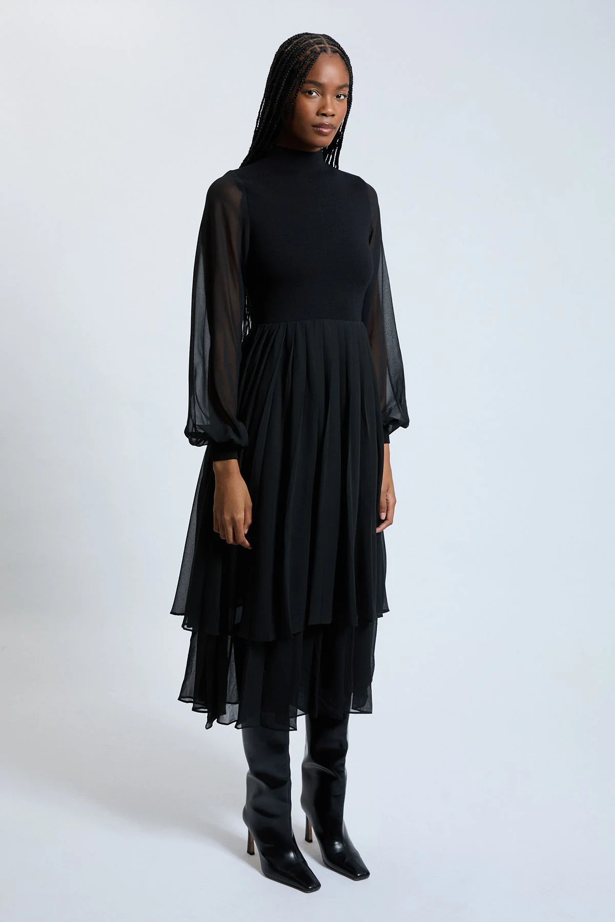 Long Sleeve Georgette Pleated Knitted Midi Dress - 1