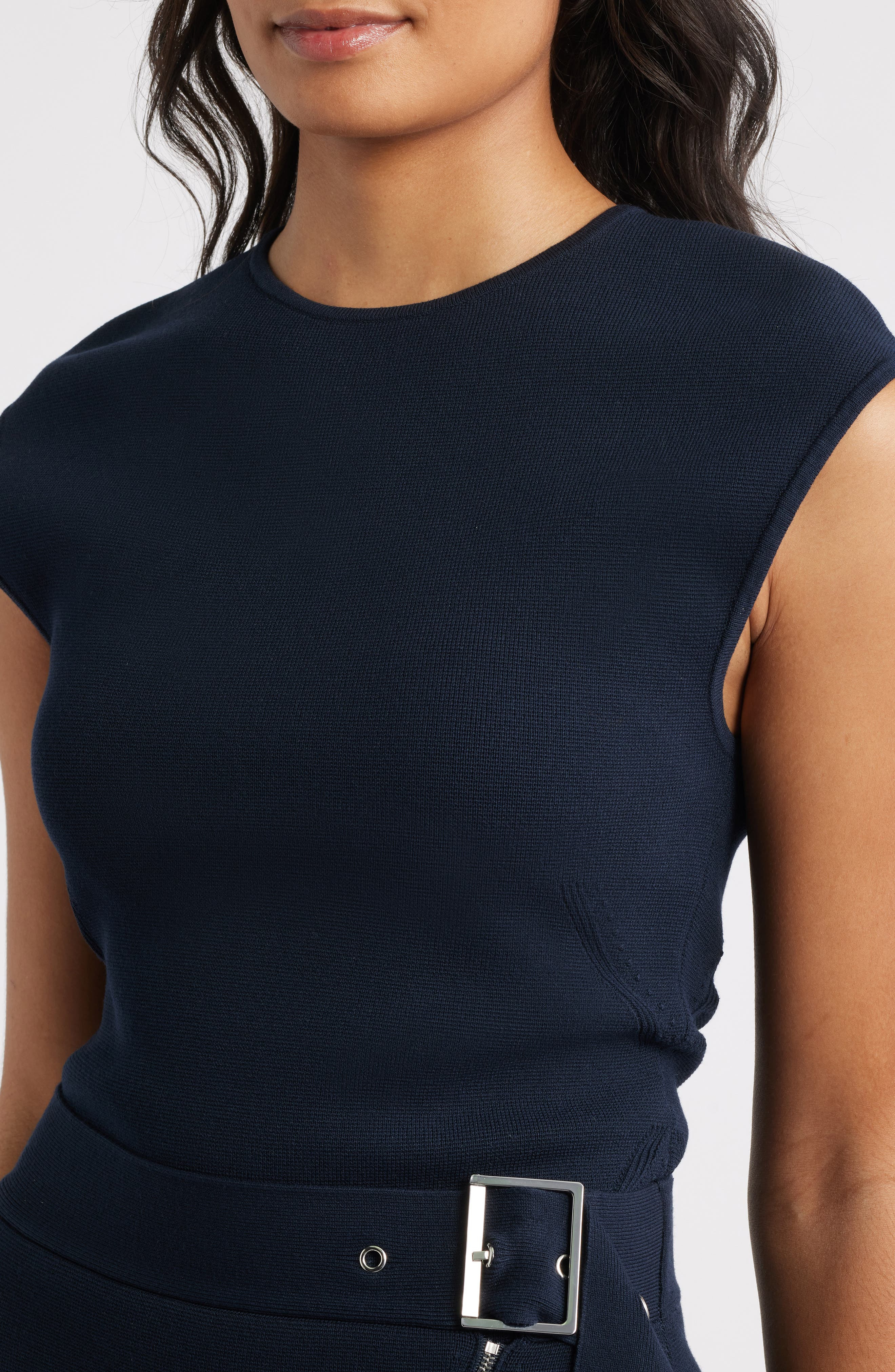 BOSS Farmera Zip Back Virgin Wool Top in Dark Blue at Nordstrom - 4