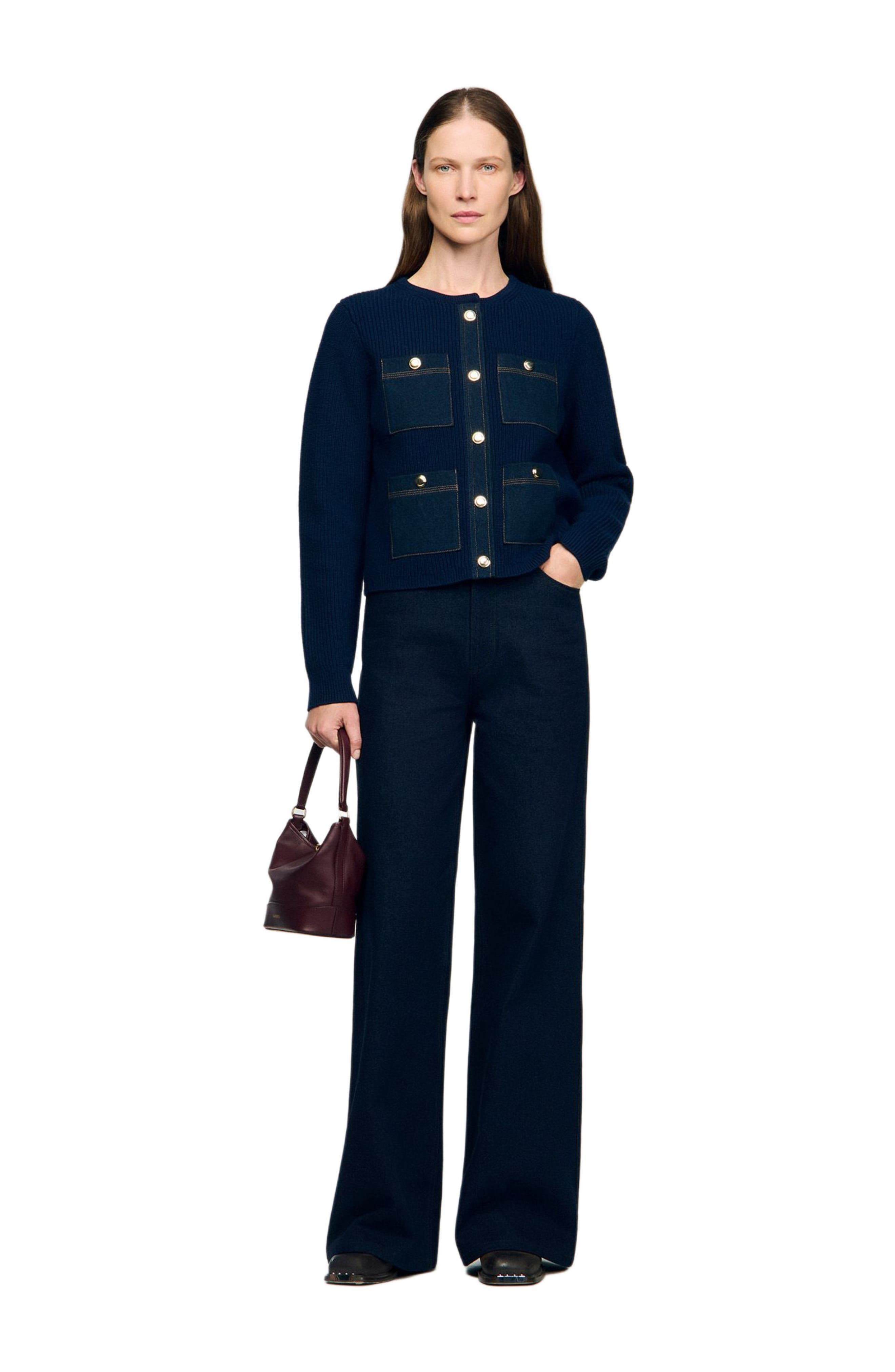 SANDRO Cardigan with denim details in Navy Blue at Nordstrom - 6