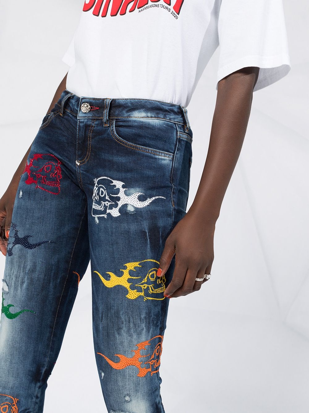 high rise slim-fit rainbow skull jeans - 3