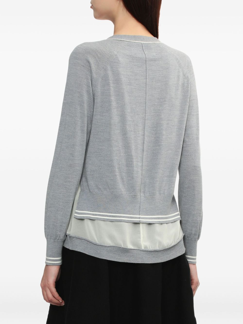 chiffon-trim V-neck wool cardigan - 4