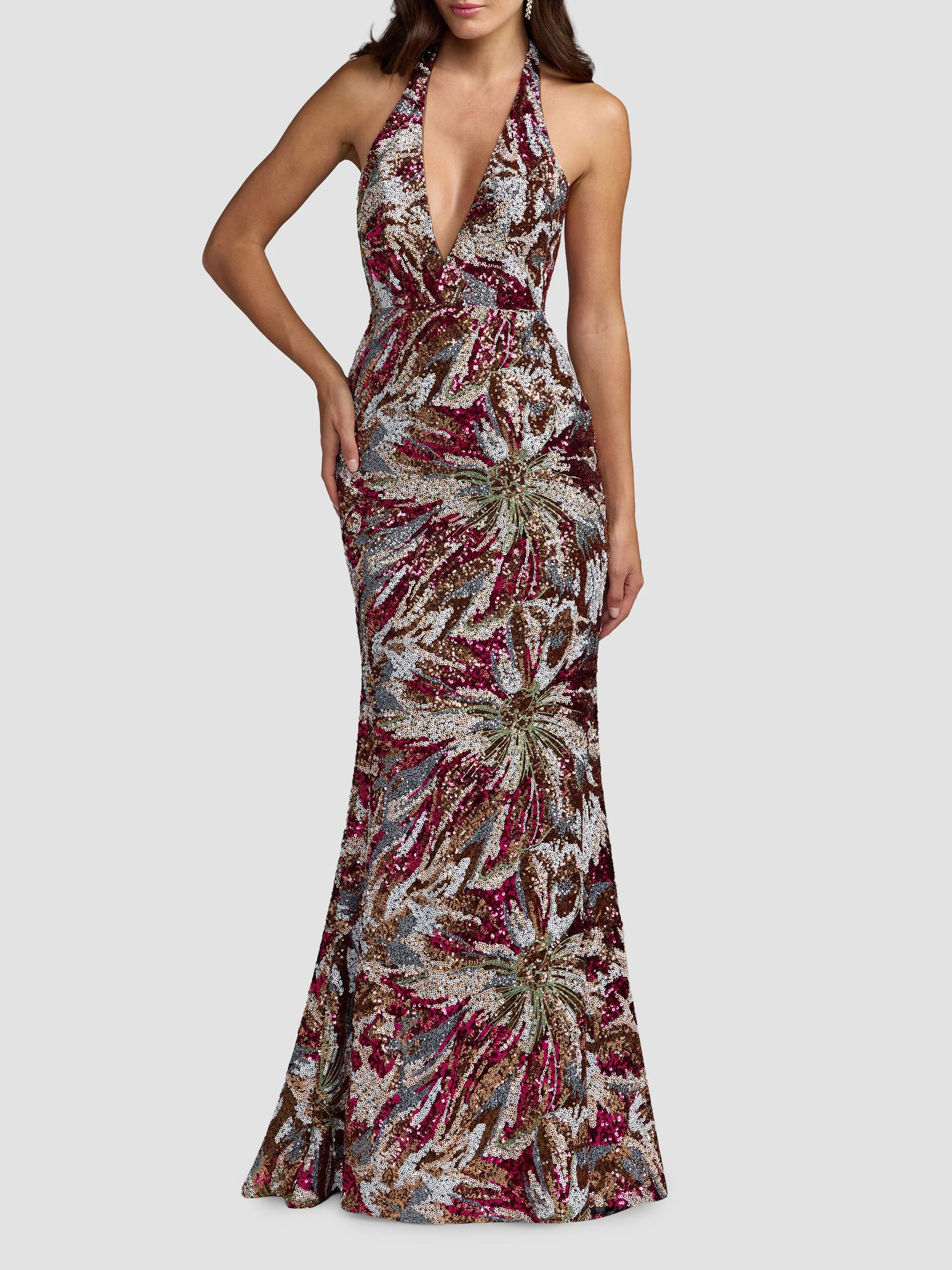 Women's Floral Sequin Open Back Gown - Berry Multi - 1