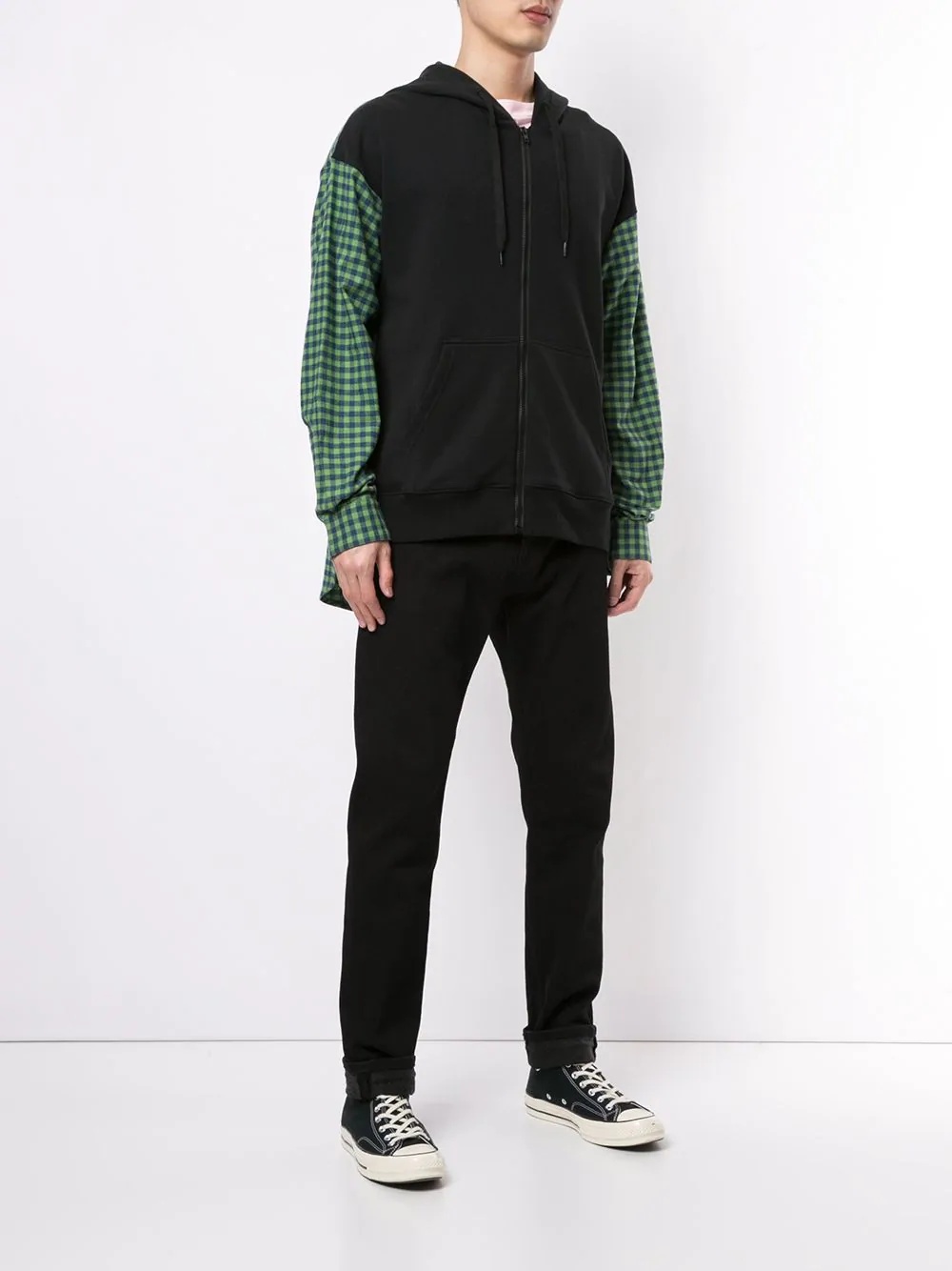 contrast panel zip-fastening hoodie - 3