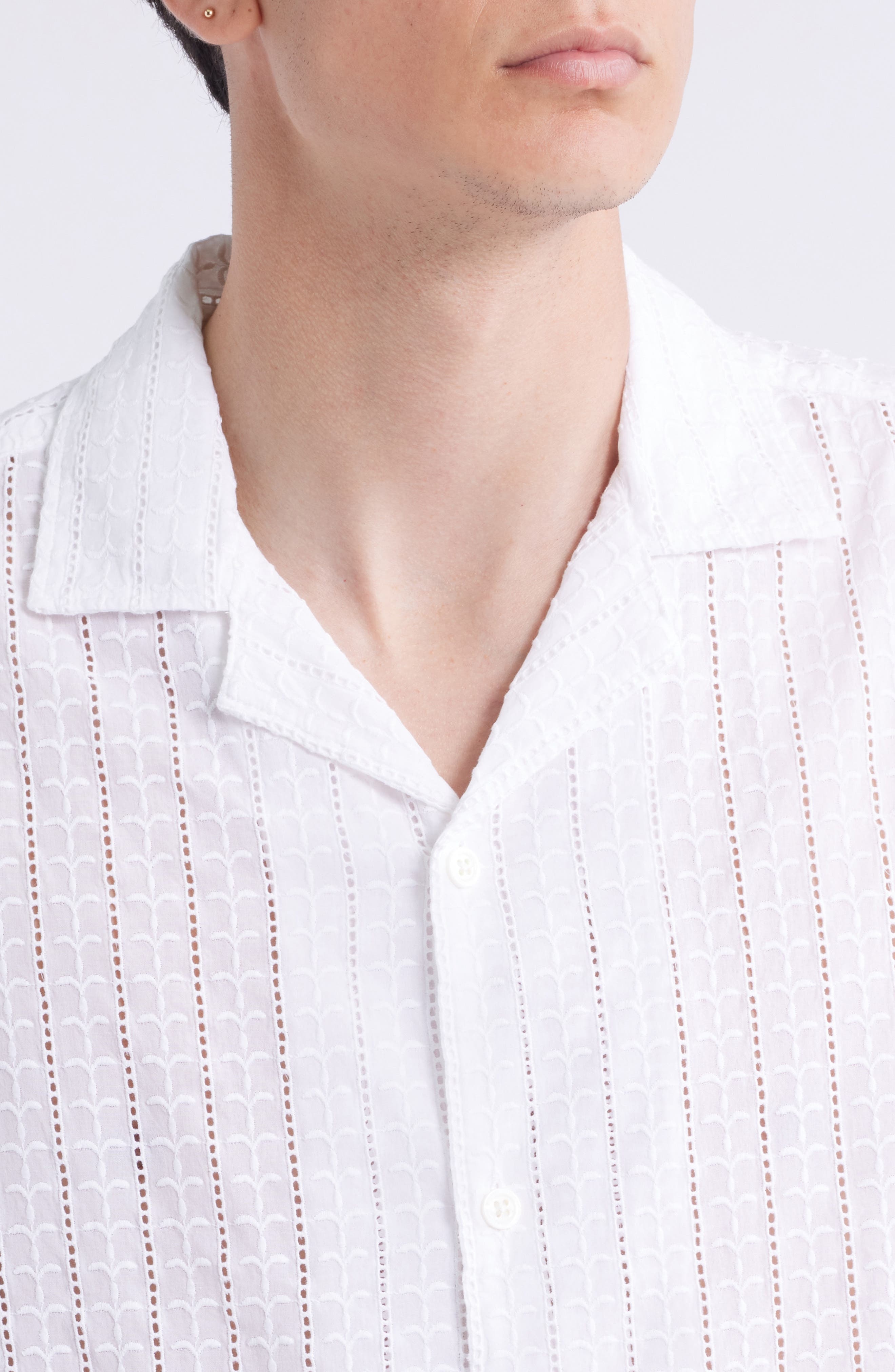 BOSS Lars Pointelle Stripe Camp Shirt in White at Nordstrom - 2
