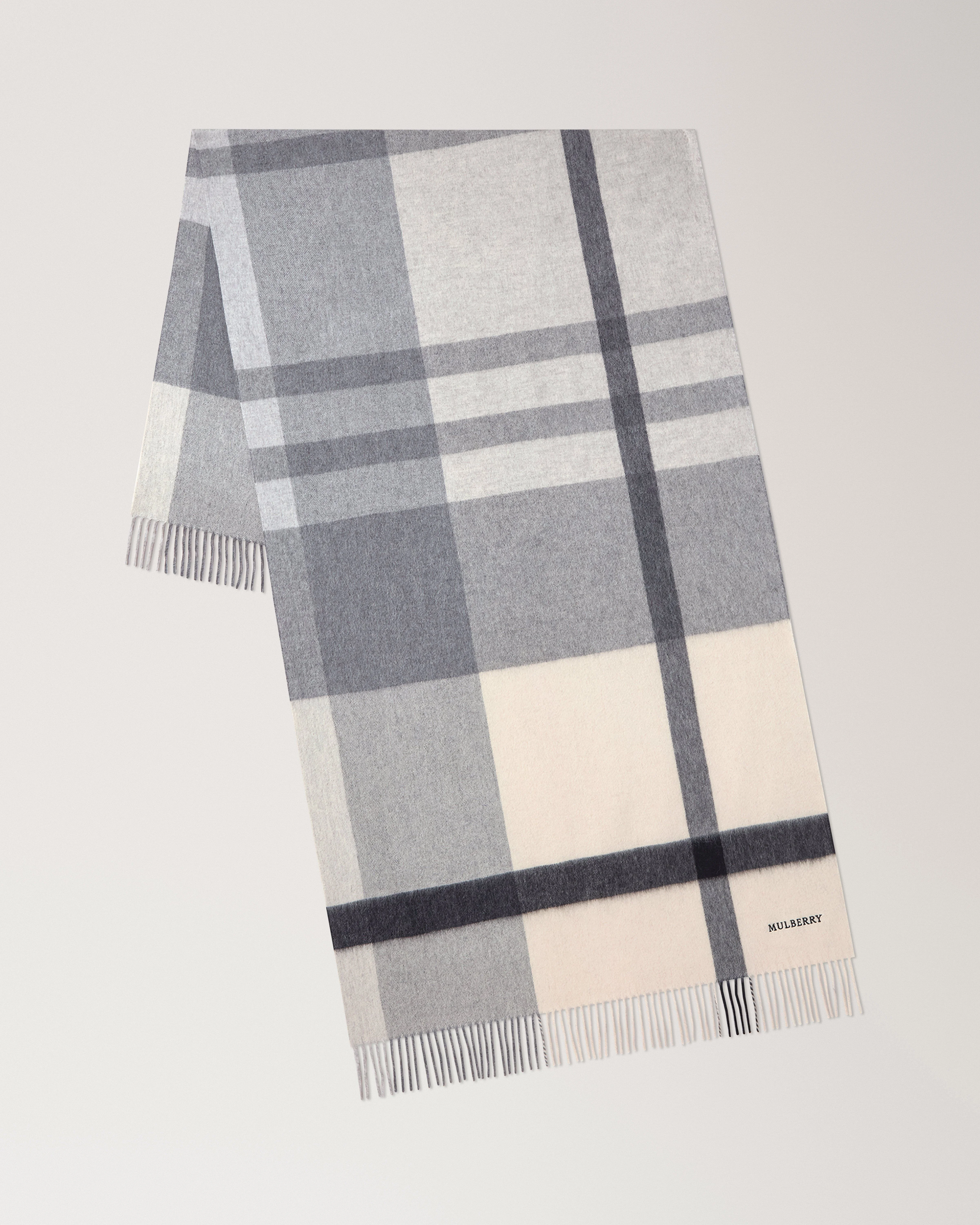 Large Check Merino Wool Scarf Eggshell & Foggy Grey Merino Wool - 1