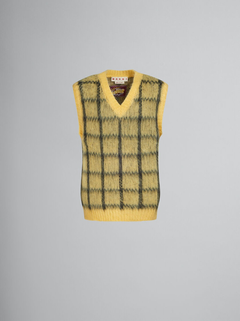 YELLOW CHECKED MOHAIR SLEEVELESS JUMPER - 1