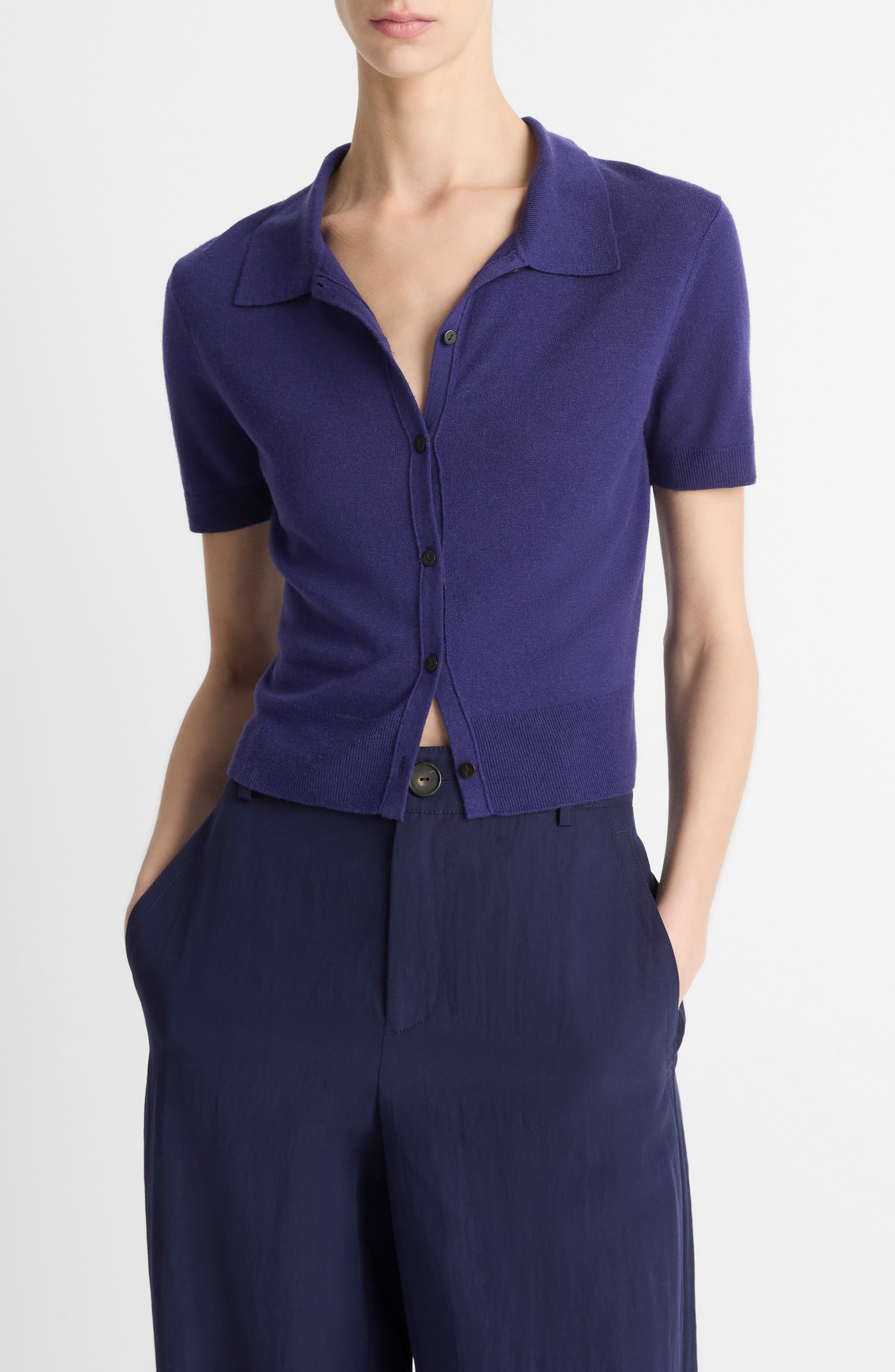 Vince Short Sleeve Button-Up Sweater in Deep Iris at Nordstrom - 1
