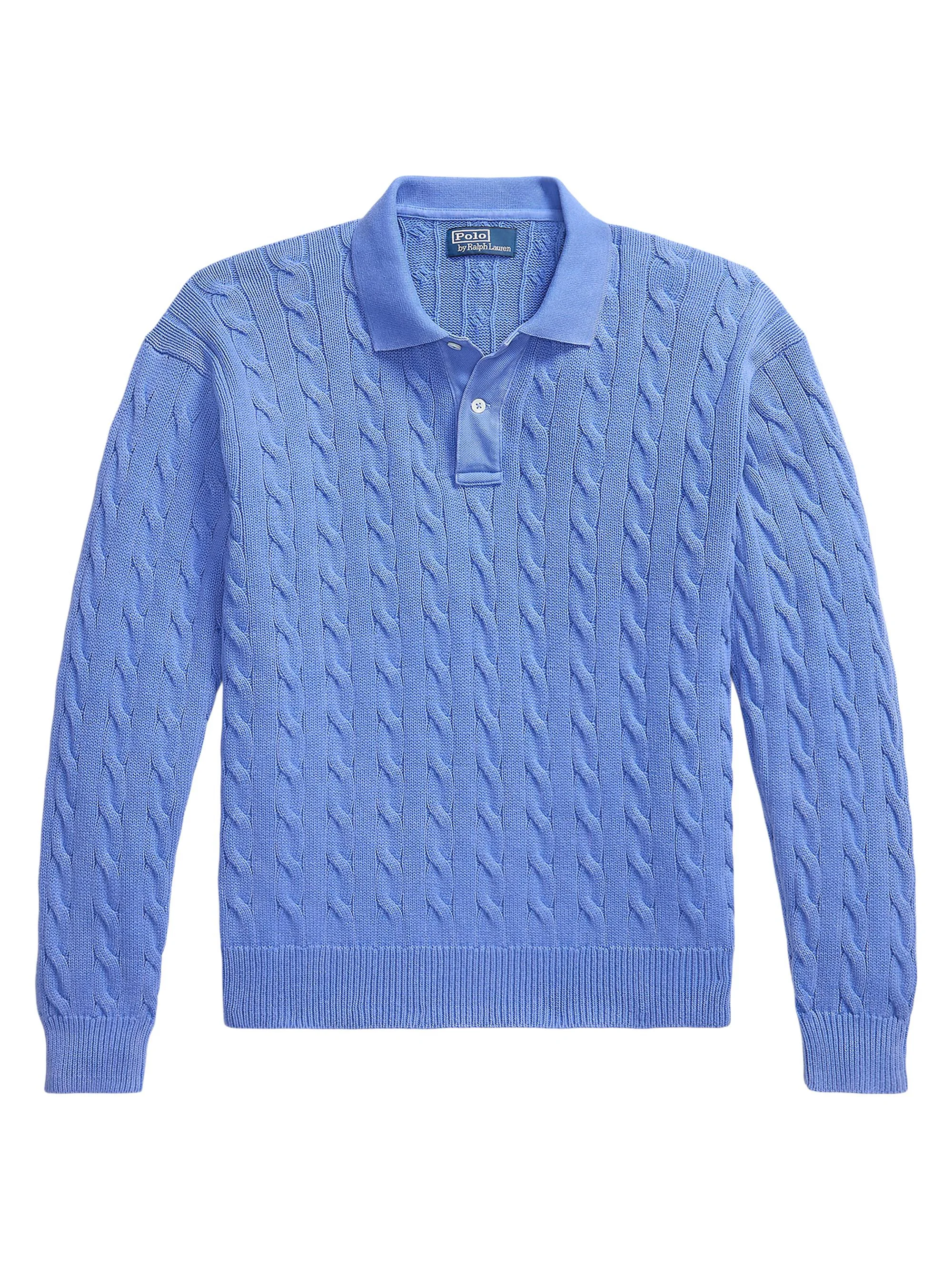 Men's Cable-Knit Cotton Polo Sweater - Maidstone Blue - 1