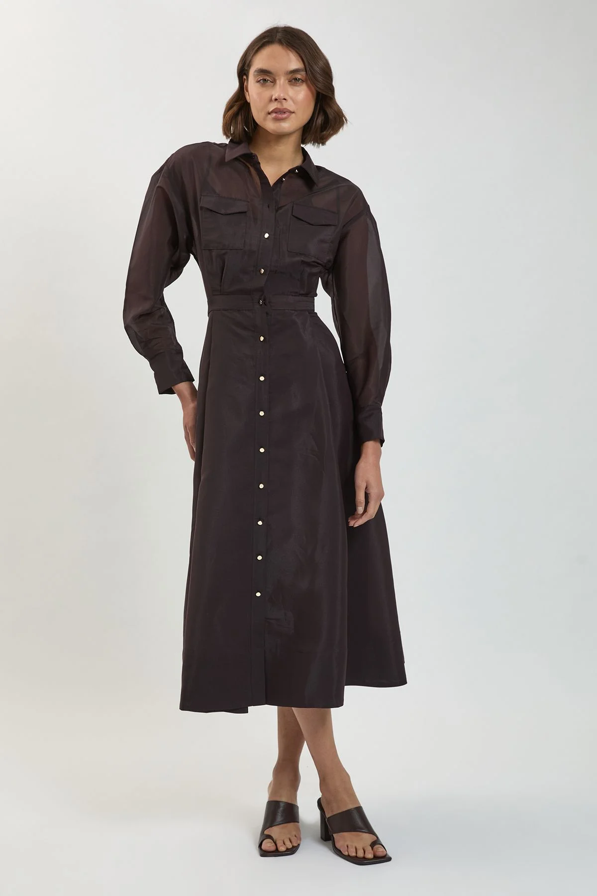 Trim Detail Organdie Midi Shirt Dress - 1