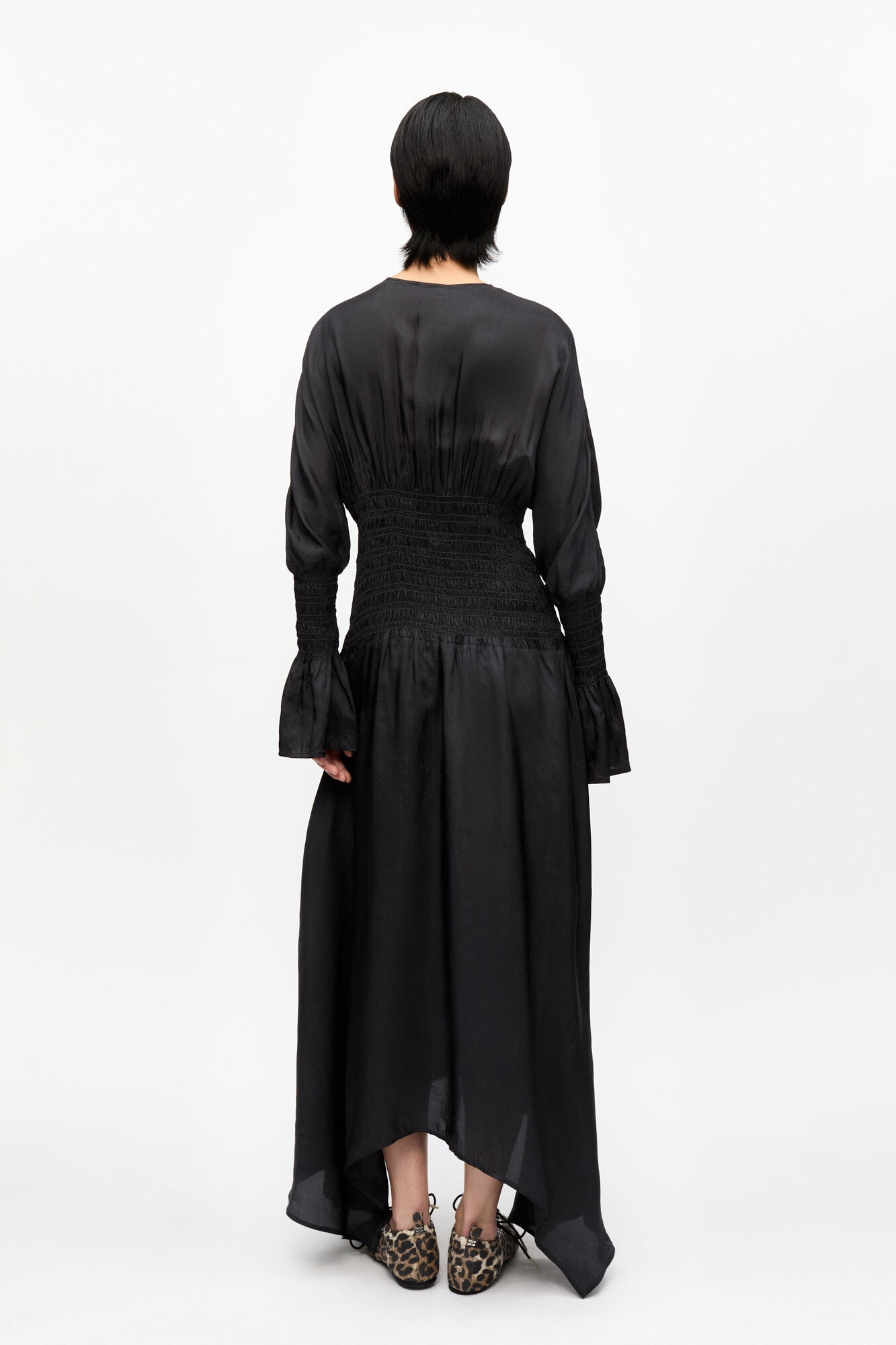 BLACK VISCOSE HABOTAI SMOCK MIDI DRESS - 3