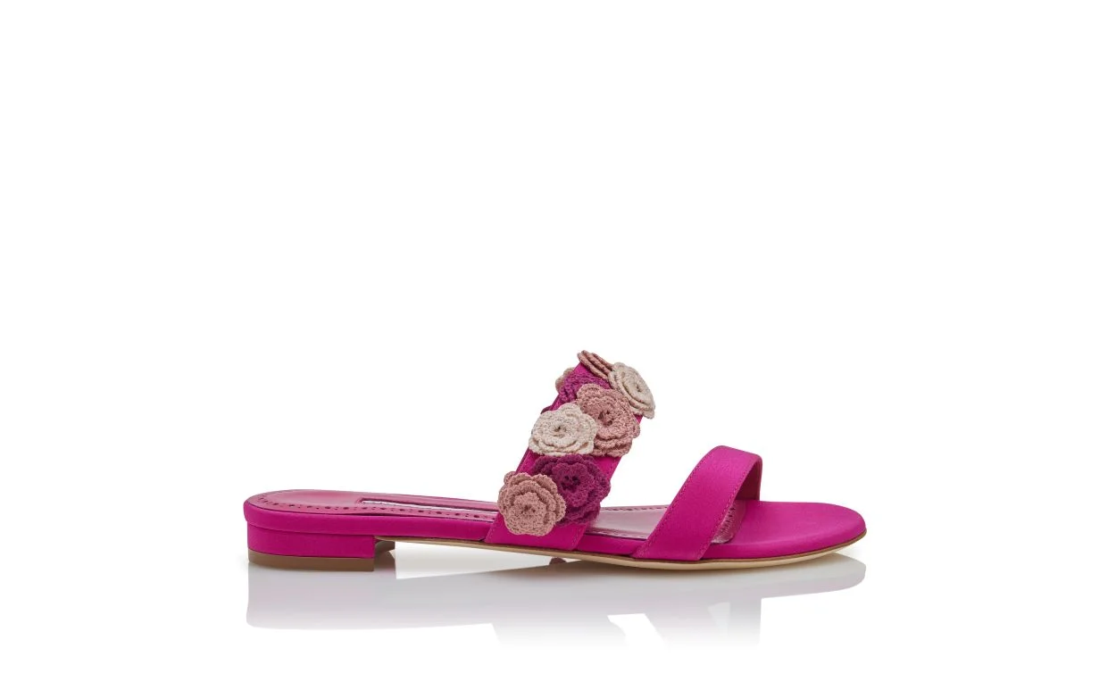 Pink Silk Floral Detail Flat Sandals - 1