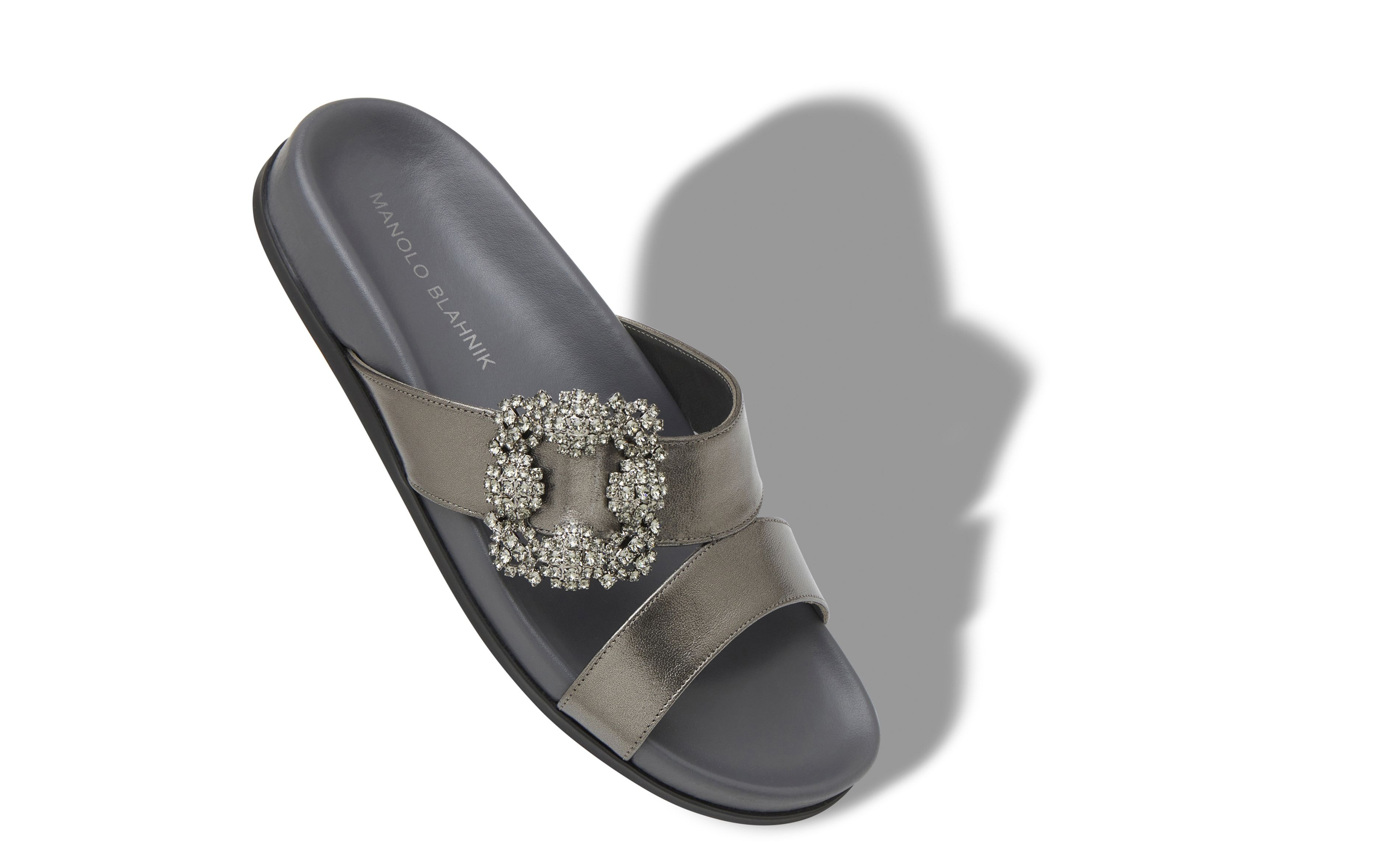 Graphite Nappa Leather Jewel Buckle Flat Mules - 2