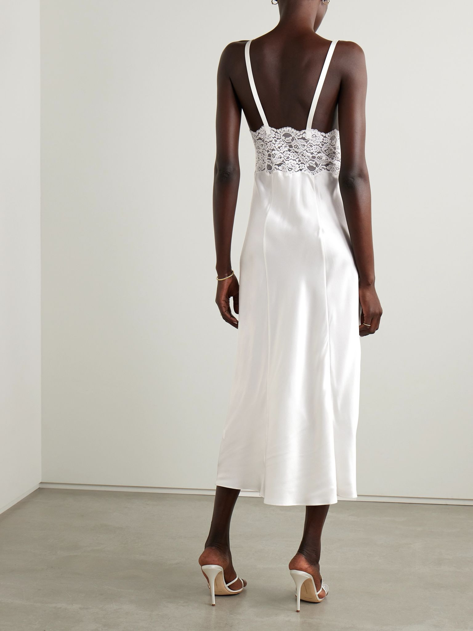 Embellished lace-trimmed silk-satin midi dress Off-white - 3