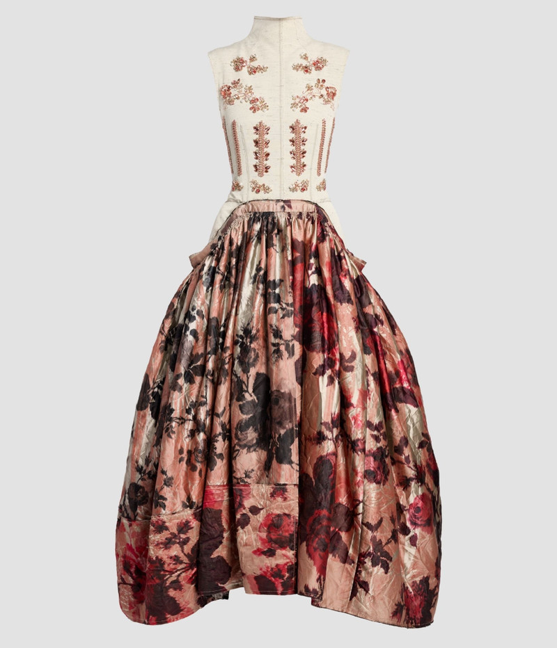 EMBROIDERED TEXTURED SATIN STRAPLESS MIDI DRESS 1